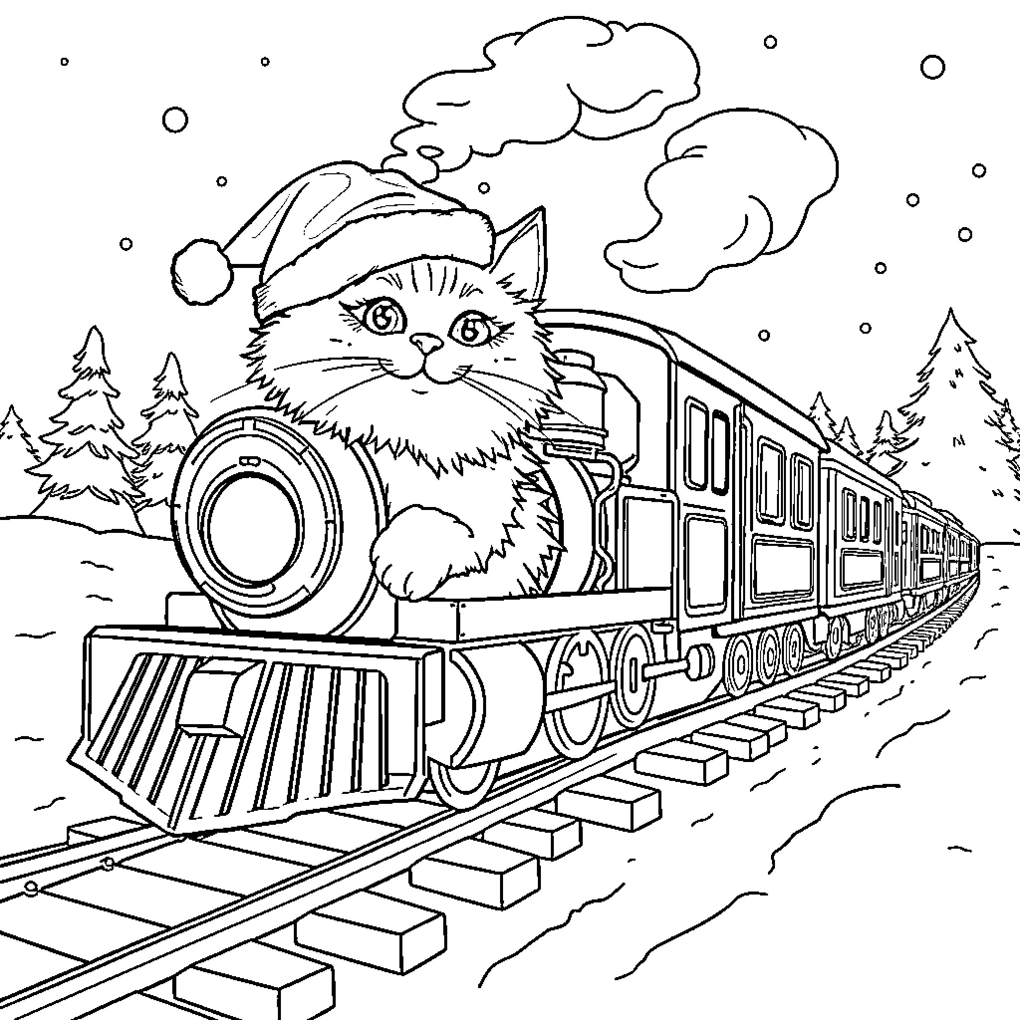 Cat conductor riding train through winter landscape Coloring Page (free black-and-white line drawing printable PDF for all, from beginners to advanced learners, including children, teens, adults, and seniors)