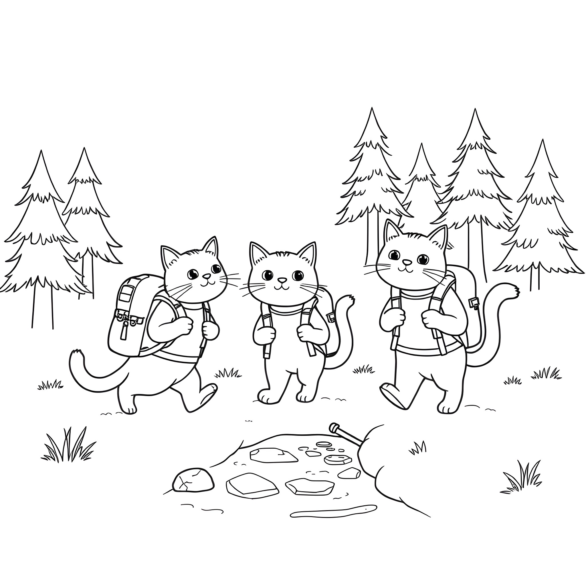 Cats hiking in the forest Coloring Page (free black-and-white line drawing printable PDF for all, from beginners to advanced learners, including children, teens, adults, and seniors)