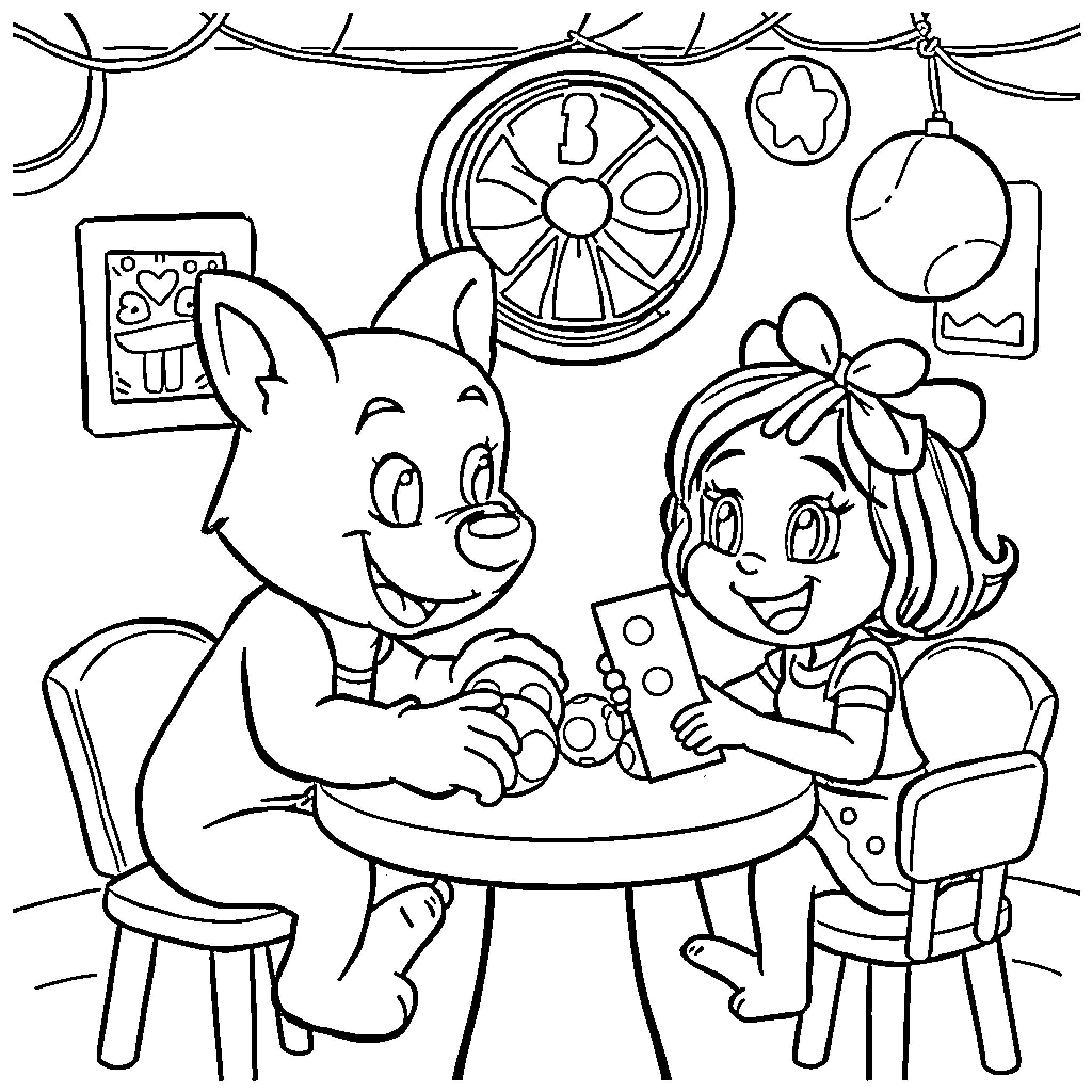 Bluey and friend playing with toys at the table Coloring Page (free black-and-white line drawing printable PDF for all, from beginners to advanced learners, including children, teens, adults, and seniors)