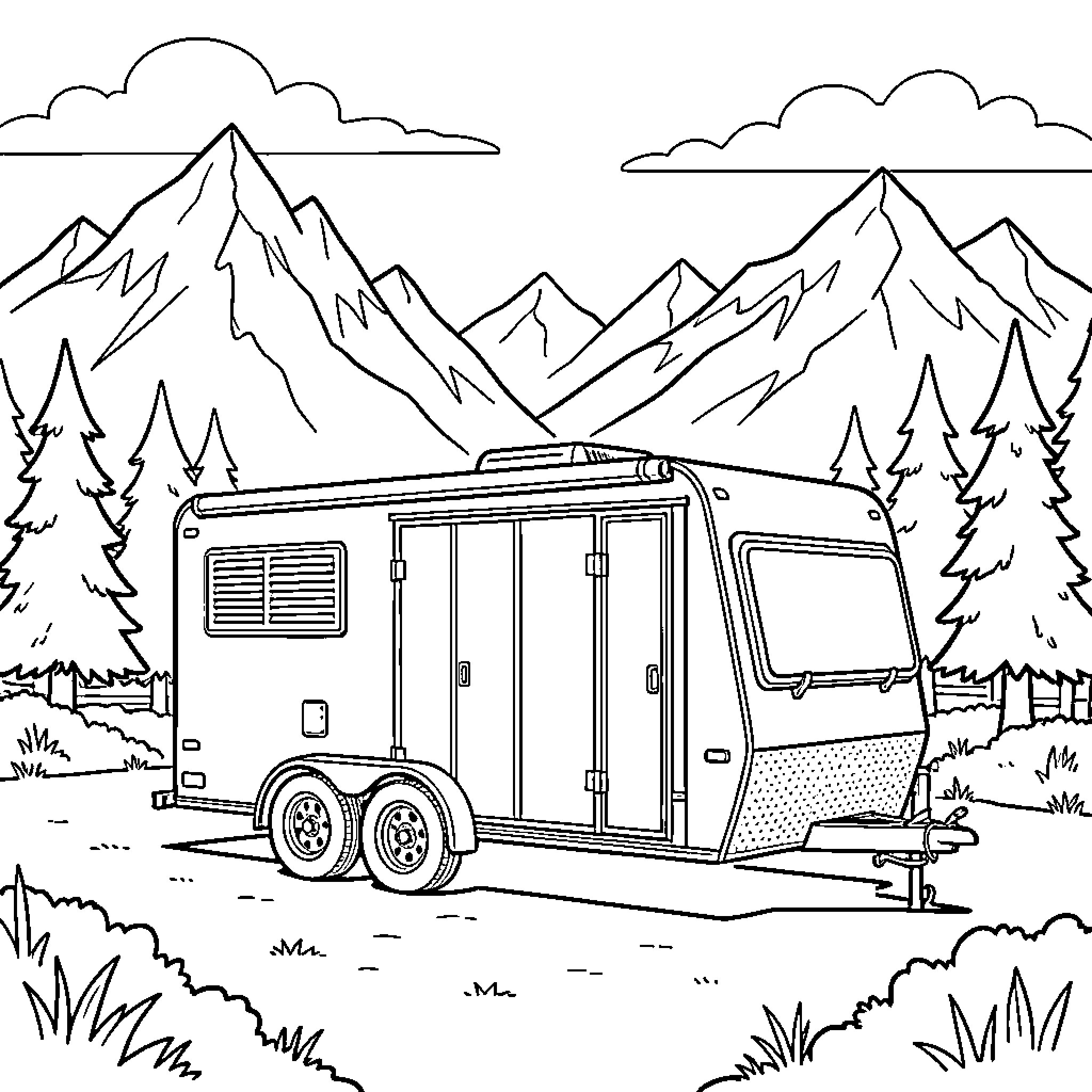 Refrigerated Trailer parked in a scenic mountain landscape Coloring Page (free black-and-white line drawing printable PDF for all, from beginners to advanced learners, including children, teens, adults, and seniors)
