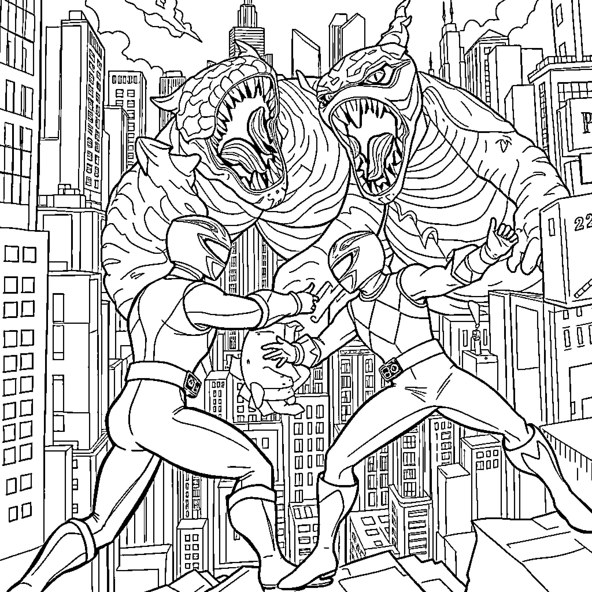 Power Ranger Battling Fierce Mythical Beast in City Coloring Page (free black-and-white line drawing printable PDF for all, from beginners to advanced learners, including children, teens, adults, and seniors)