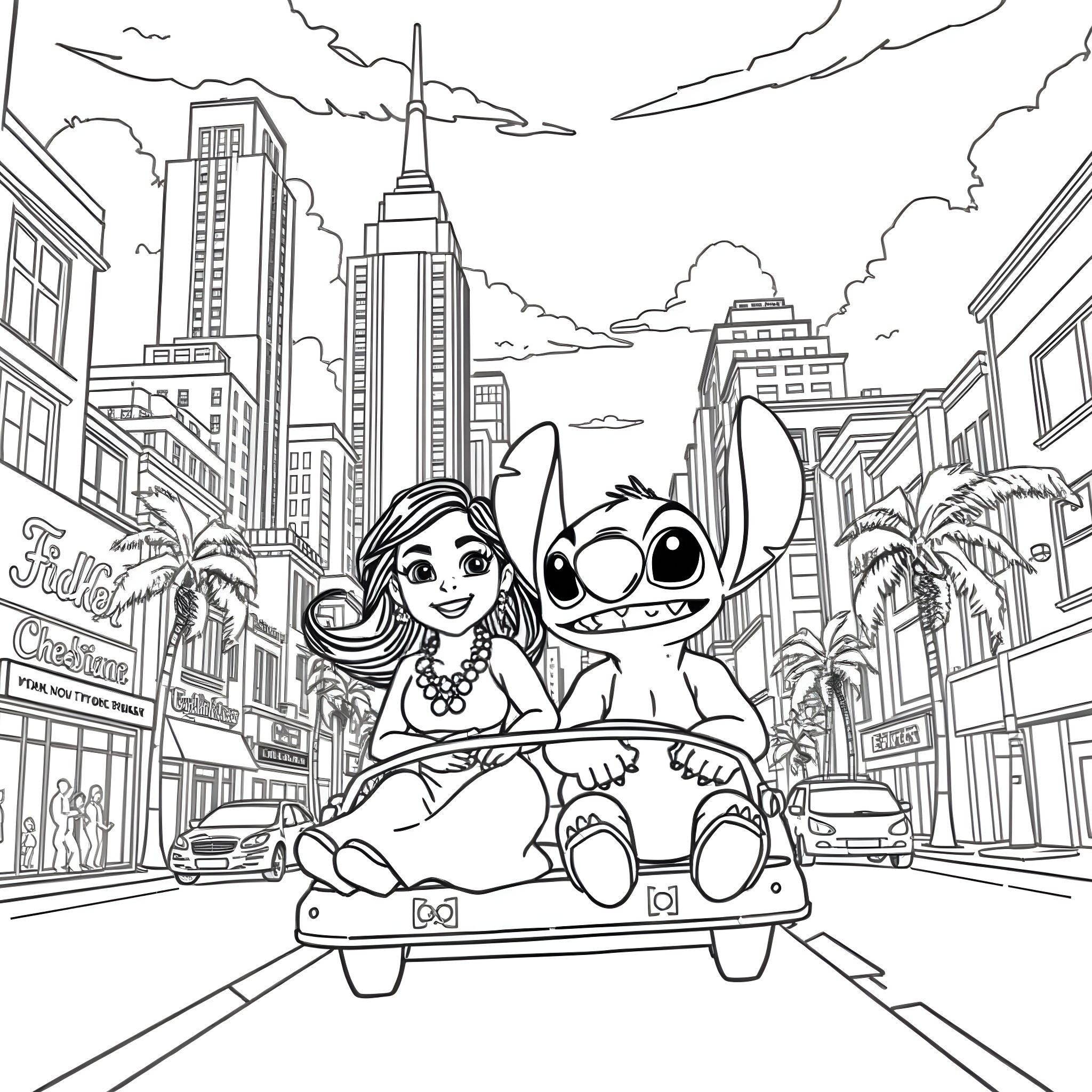 Lilo And Stitch Having Fun Exploring The City Coloring Page (free black-and-white line drawing printable PDF for all, from beginners to advanced learners, including children, teens, adults, and seniors)