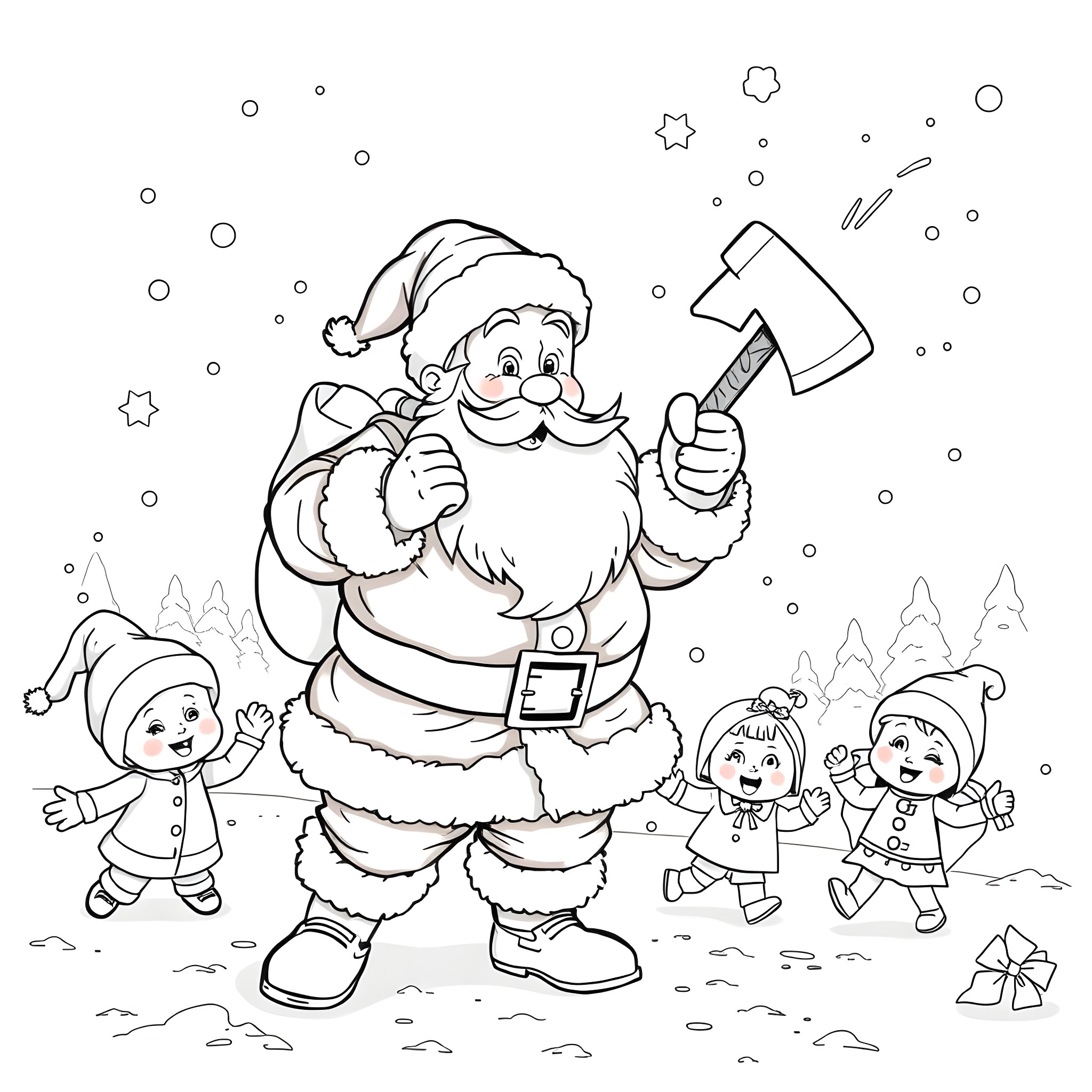 Santa Claus chopping down a tree with children in the snow Coloring Page (free black-and-white line drawing printable PDF for all, from beginners to advanced learners, including children, teens, adults, and seniors)