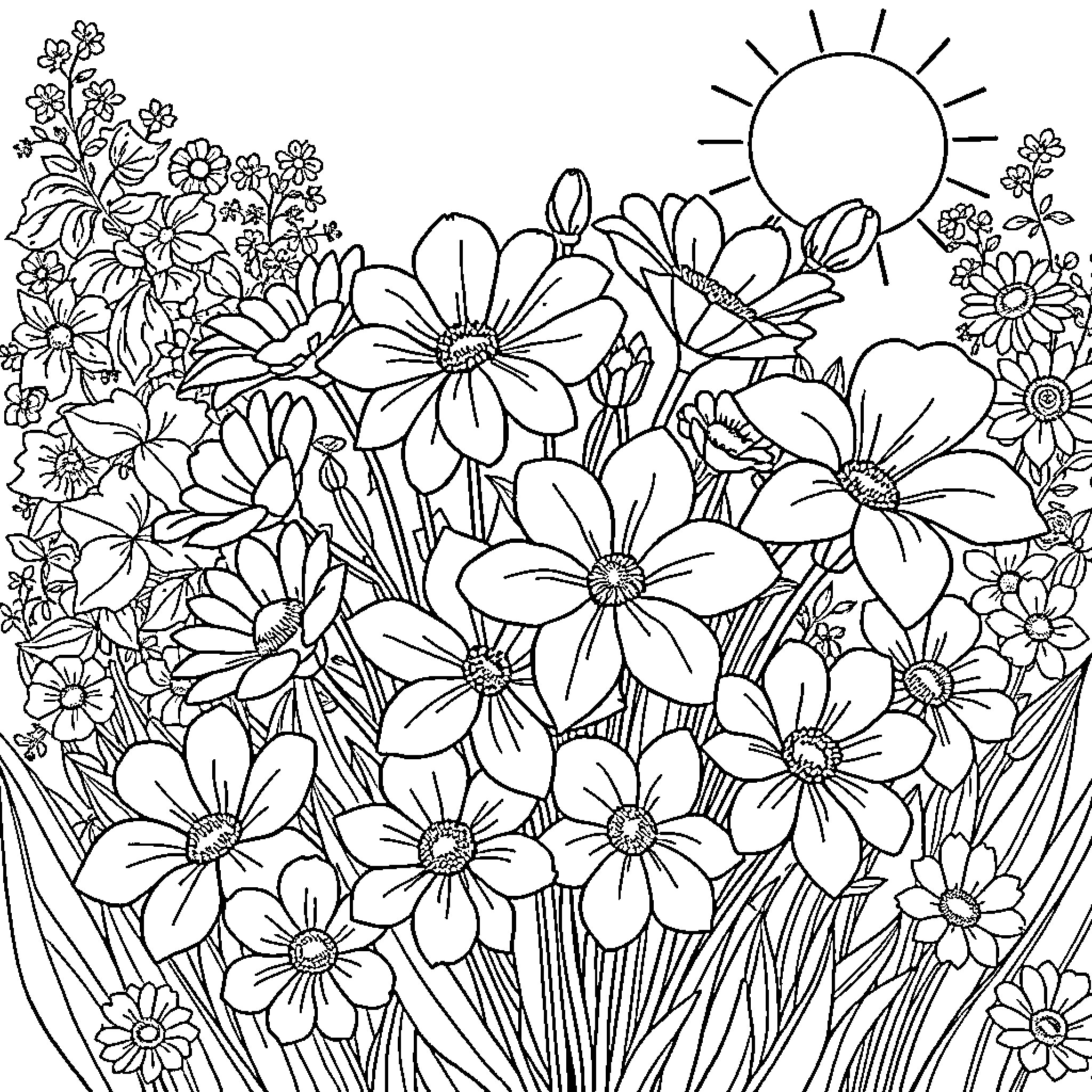Flower Garden Scene with Blooming Flowers Coloring Page (free black-and-white line drawing printable PDF for all, from beginners to advanced learners, including children, teens, adults, and seniors)