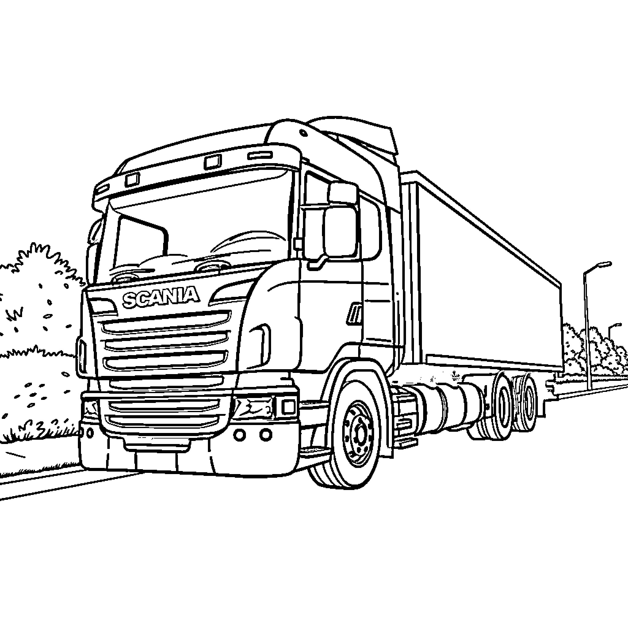 Scania truck transporting cargo through rural landscape Coloring Page (free black-and-white line drawing printable PDF for all, from beginners to advanced learners, including children, teens, adults, and seniors)