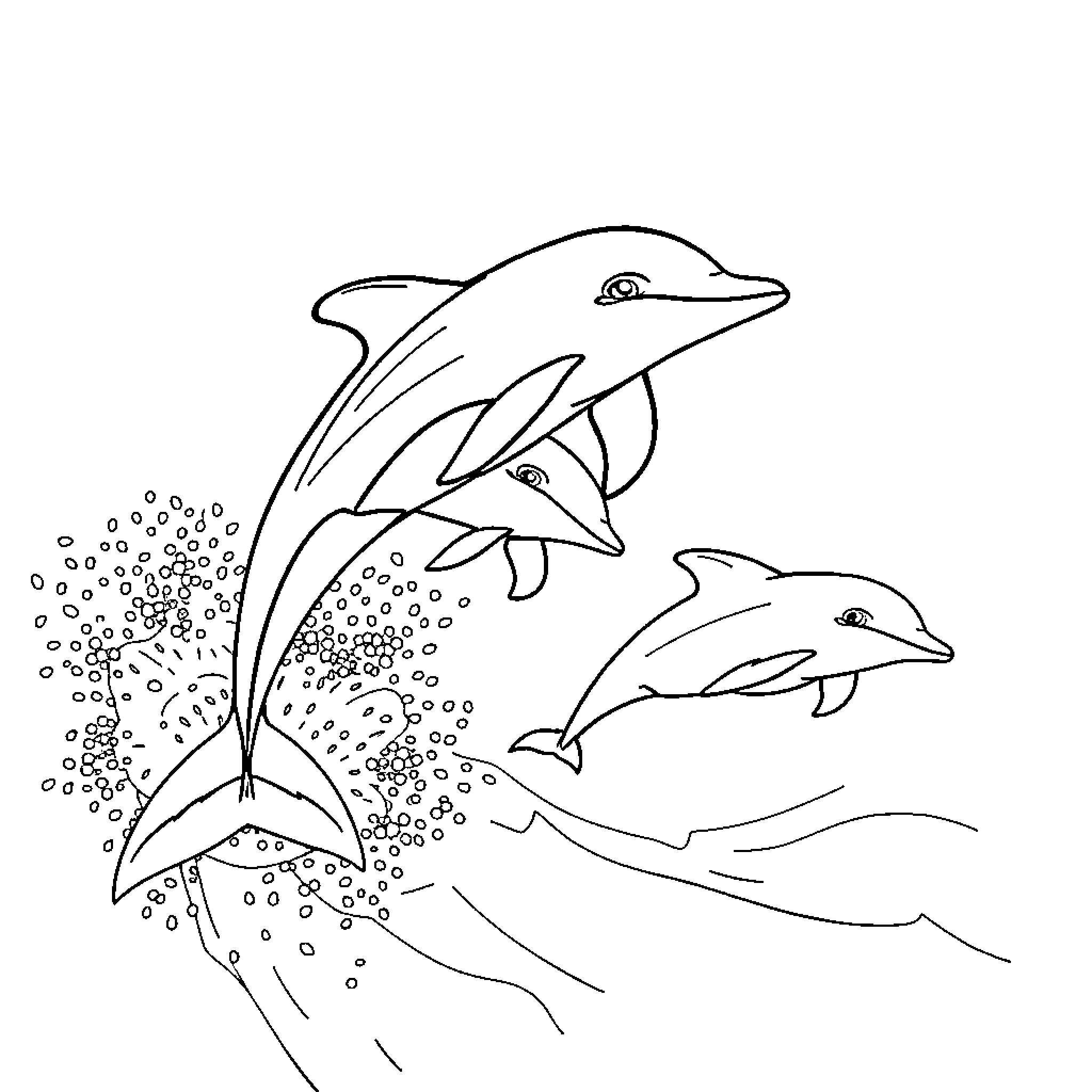 Dolphins swimming playfully in the ocean Coloring Page (free black-and-white line drawing printable PDF for all, from beginners to advanced learners, including children, teens, adults, and seniors)