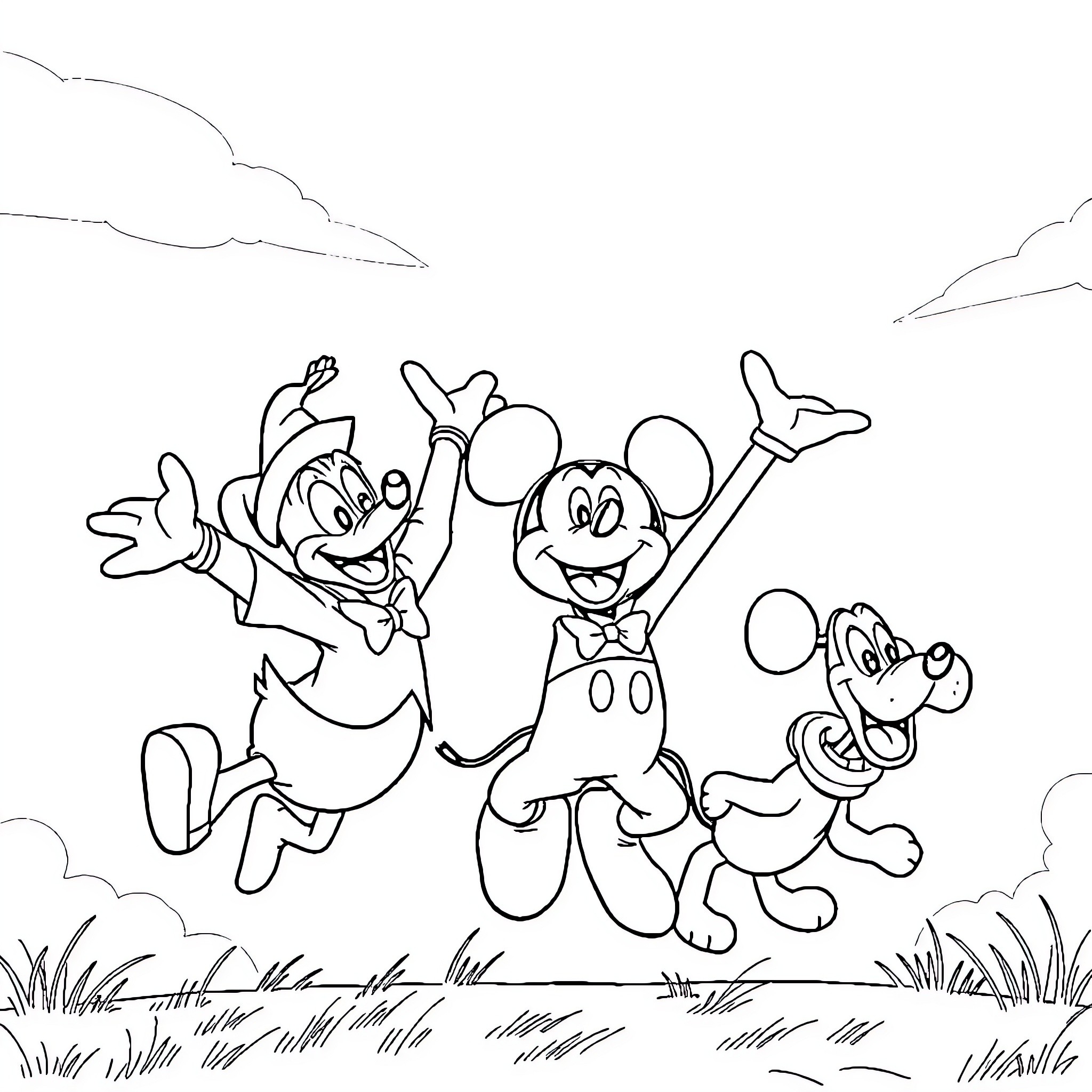 Donald Duck and friends joyfully jumping in the meadow Coloring Page (free black-and-white line drawing printable PDF for all, from beginners to advanced learners, including children, teens, adults, and seniors)