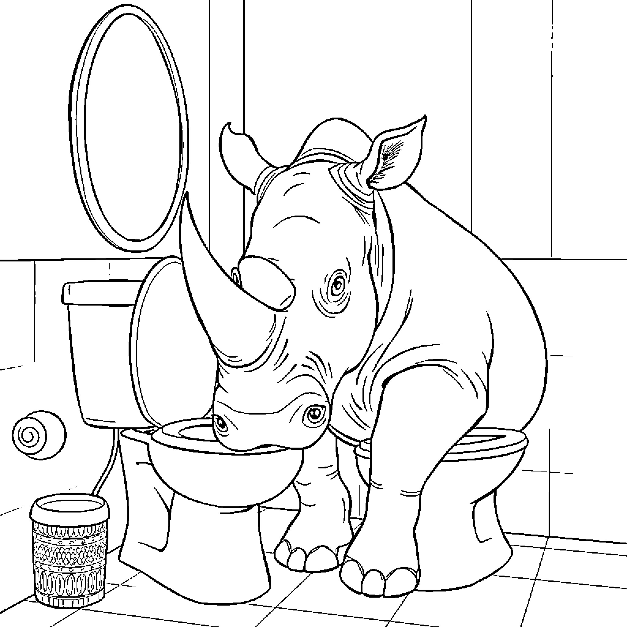 Rhinoceros using the toilet in the bathroom Coloring Page (free black-and-white line drawing printable PDF for all, from beginners to advanced learners, including children, teens, adults, and seniors)