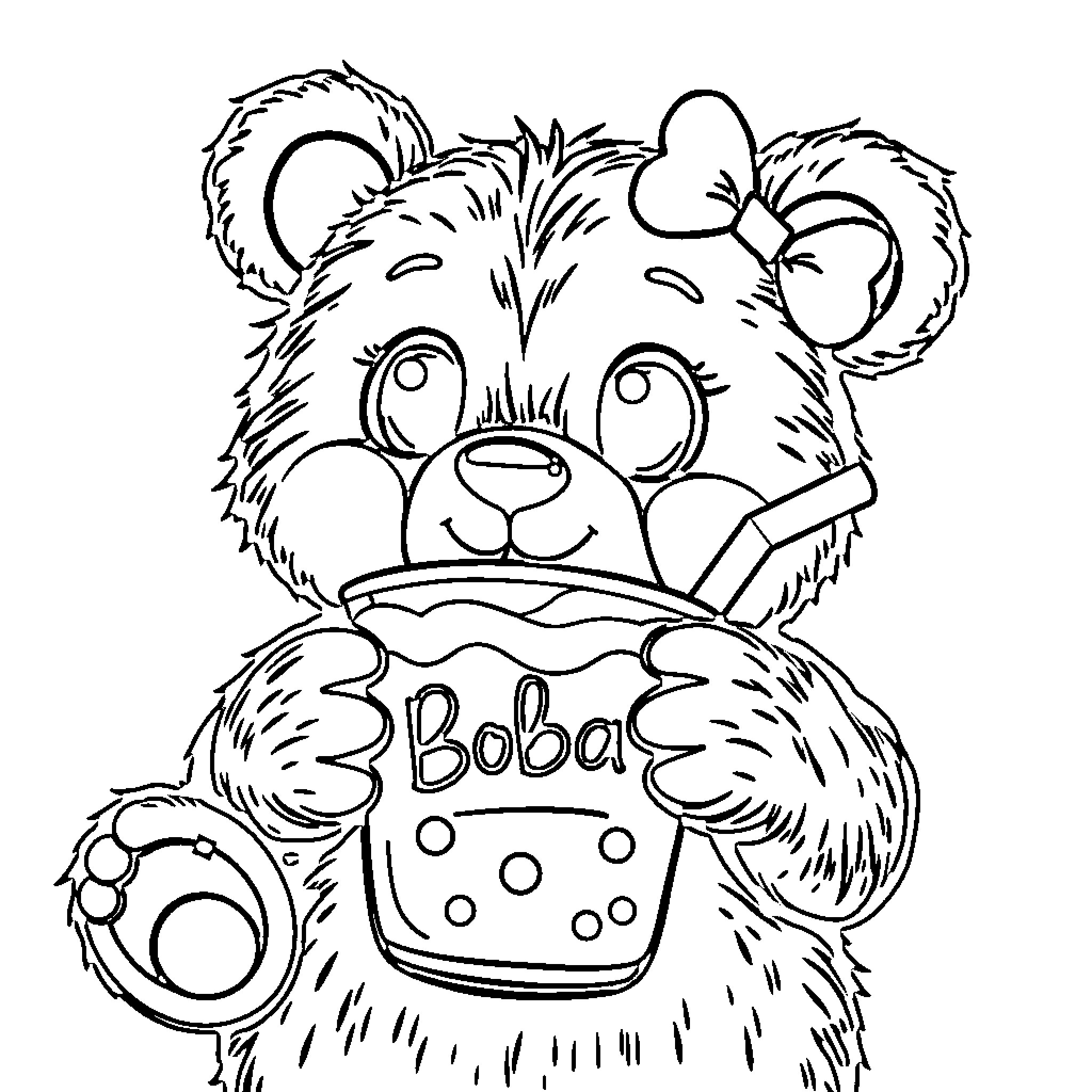 Bear enjoying a boba tea drink Coloring Page (free black-and-white line drawing printable PDF for all, from beginners to advanced learners, including children, teens, adults, and seniors)