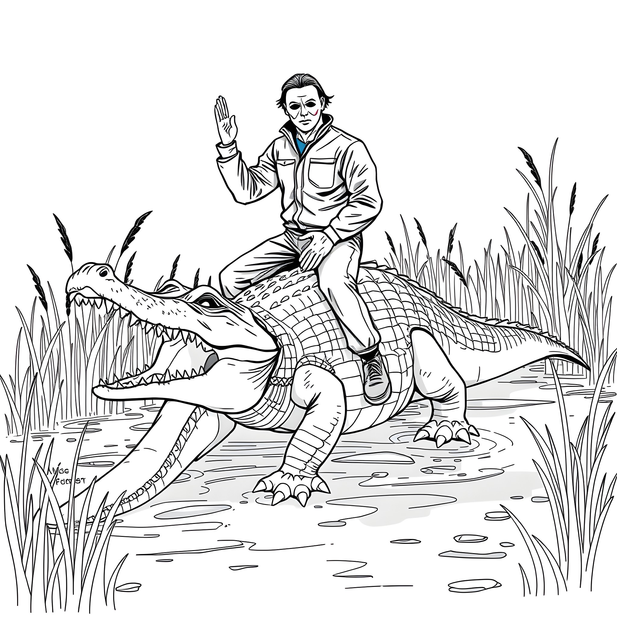 Michael Myers riding menacing alligator in the swamp Coloring Page (free black-and-white line drawing printable PDF for all, from beginners to advanced learners, including children, teens, adults, and seniors)