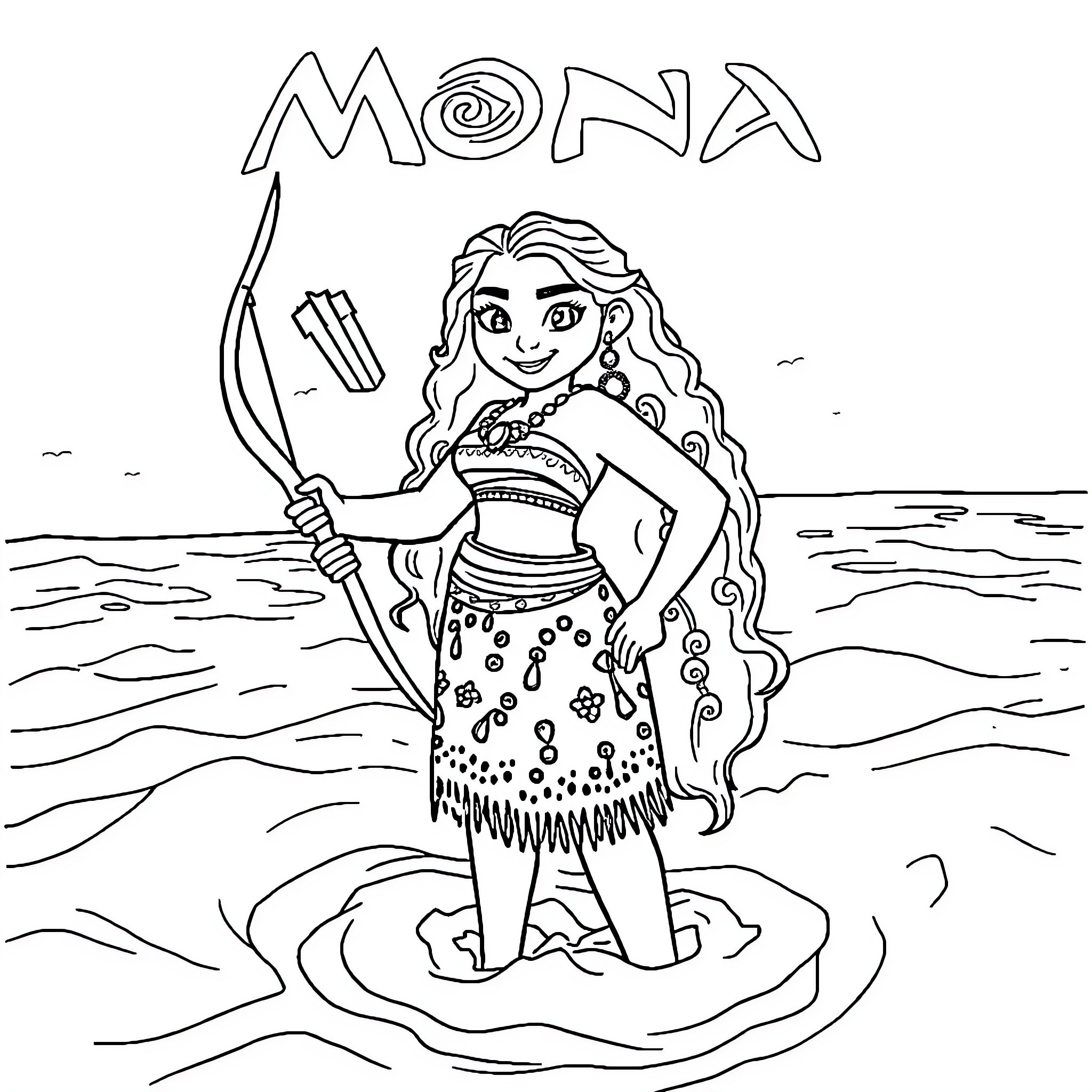 Moana on a beach with trident Coloring Page (free black-and-white line drawing printable PDF for all, from beginners to advanced learners, including children, teens, adults, and seniors)