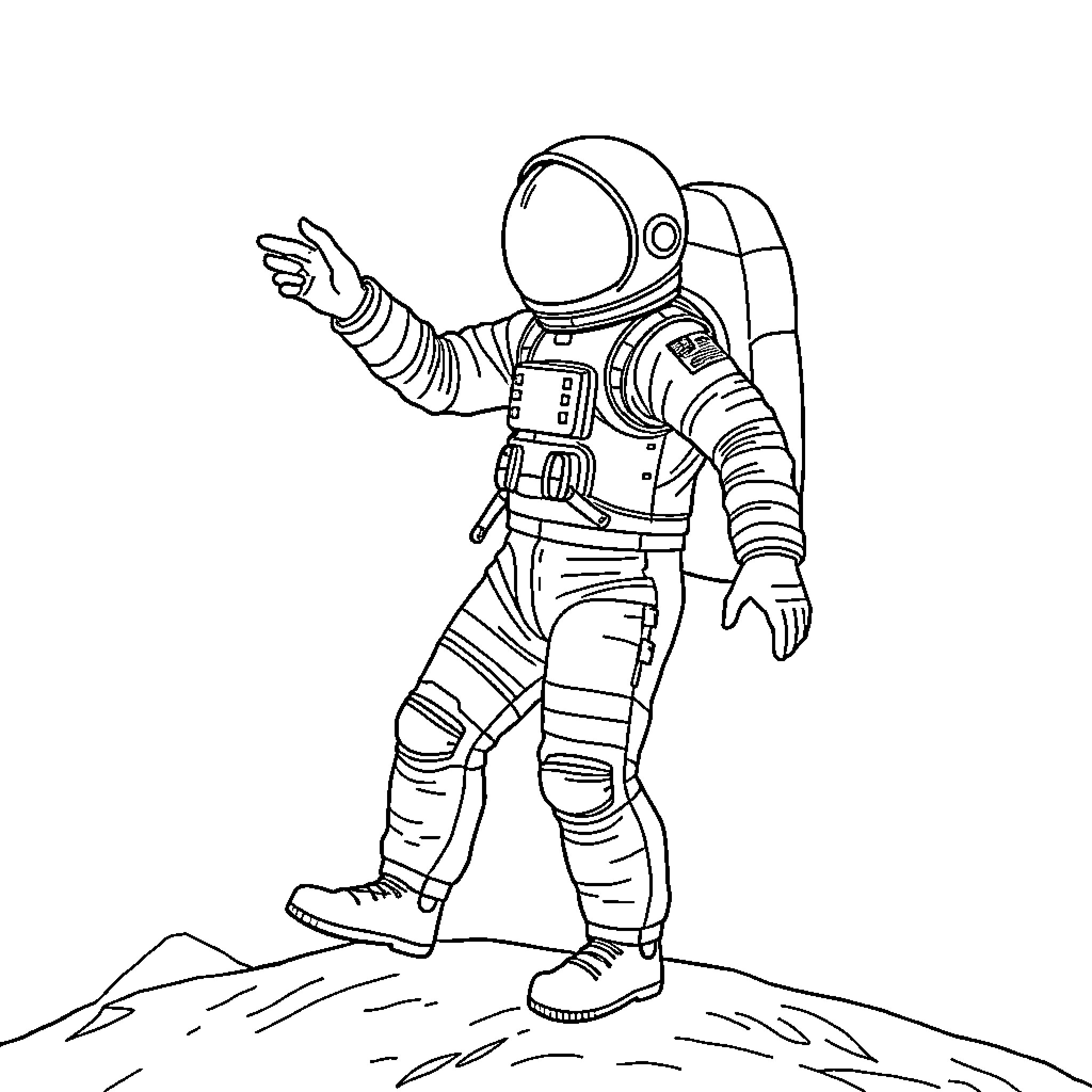 Astronaut exploring and gesturing on an extraterrestrial landscape Coloring Page (free black-and-white line drawing printable PDF for all, from beginners to advanced learners, including children, teens, adults, and seniors)