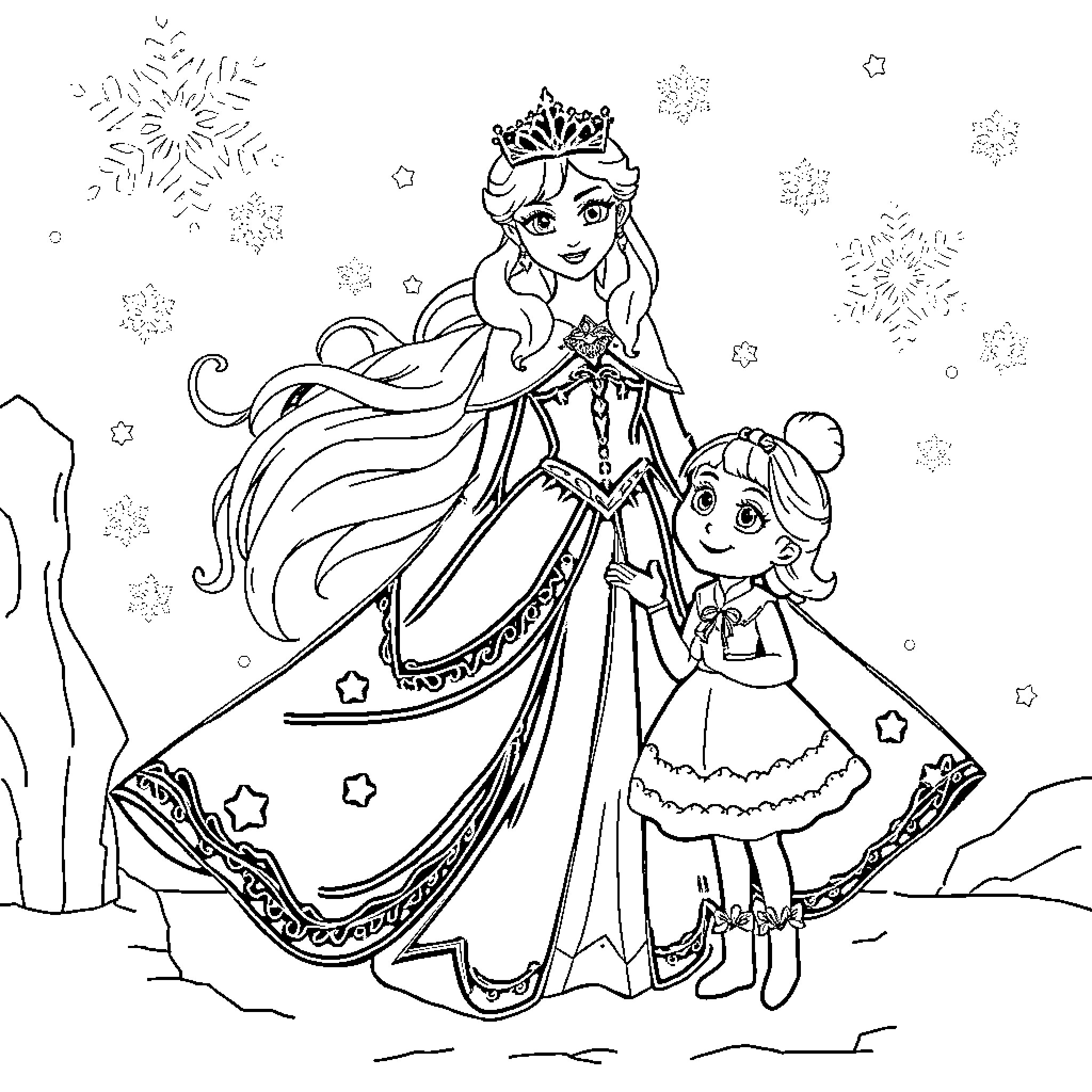 Queen and her cheerful companion in the winter wonderland Coloring Page (free black-and-white line drawing printable PDF for all, from beginners to advanced learners, including children, teens, adults, and seniors)