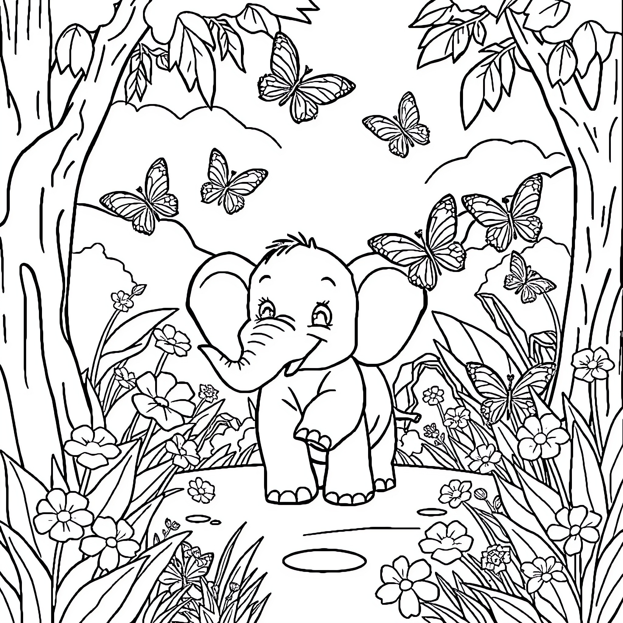 Elephant enjoying nature with butterflies Coloring Page (free black-and-white line drawing printable PDF for all, from beginners to advanced learners, including children, teens, adults, and seniors)