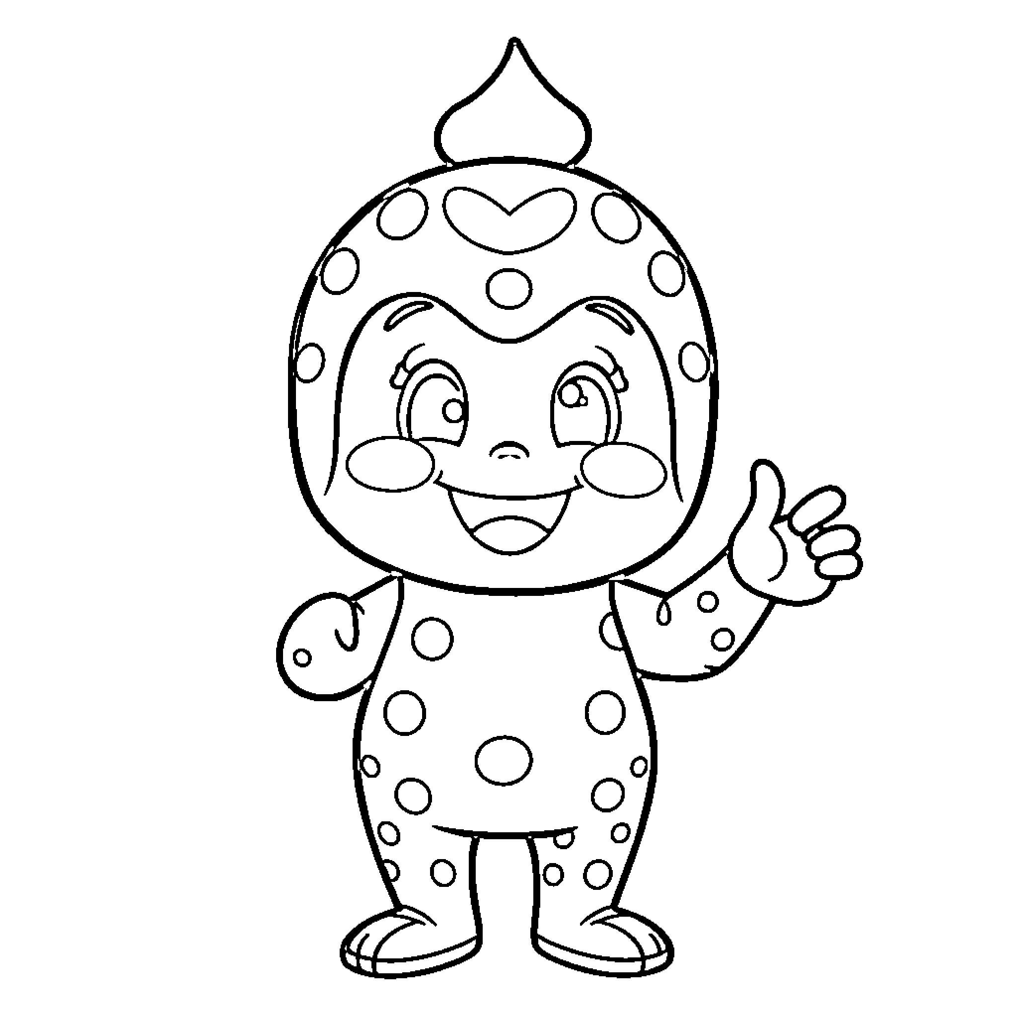 Labubu the Happy Spotted Character Coloring Page (free black-and-white line drawing printable PDF for all, from beginners to advanced learners, including children, teens, adults, and seniors)