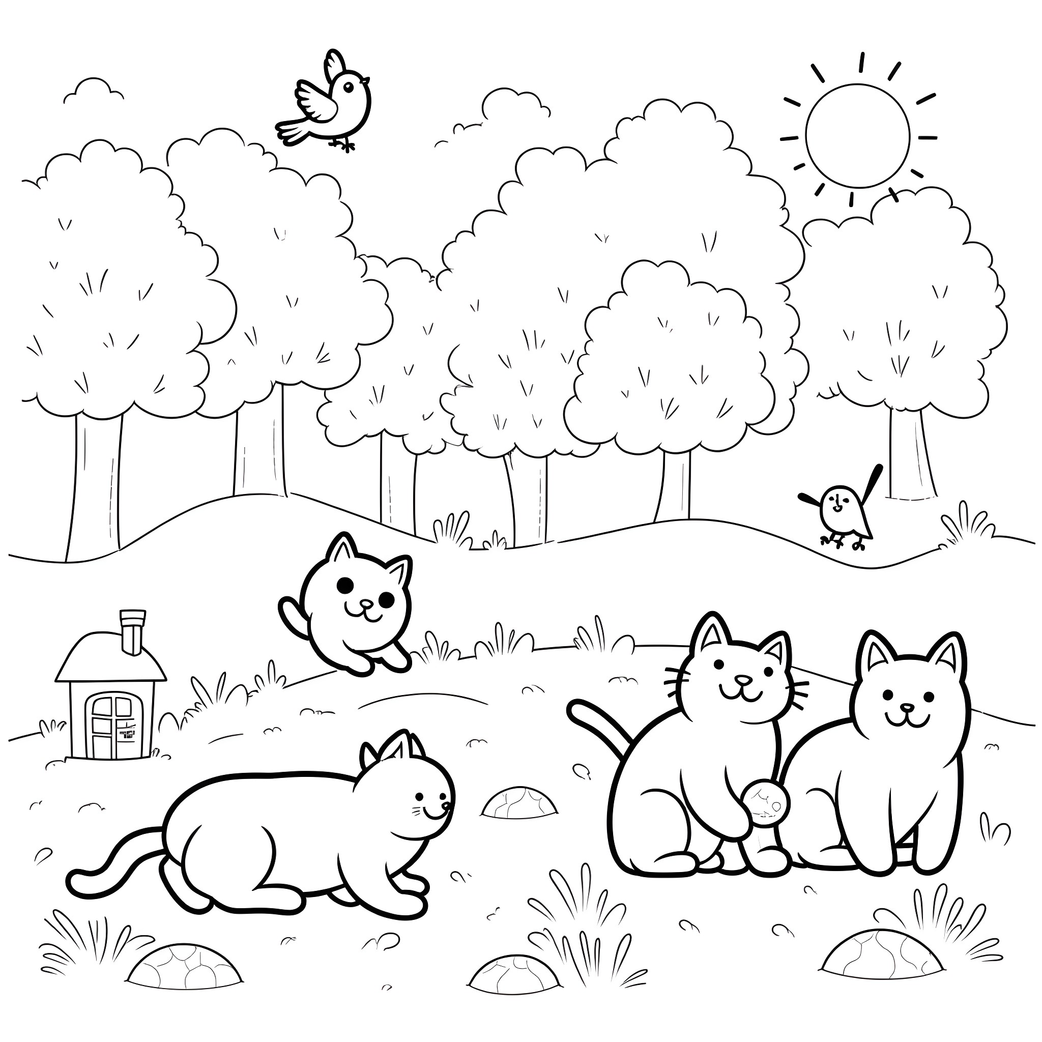 Cats exploring the peaceful forest landscape Coloring Page (free black-and-white line drawing printable PDF for all, from beginners to advanced learners, including children, teens, adults, and seniors)