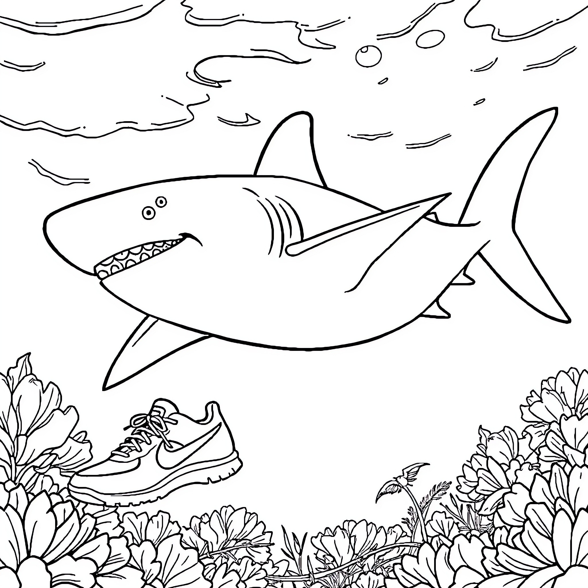Shark chasing underwater creatures in a marine environment Coloring Page (free black-and-white line drawing printable PDF for all, from beginners to advanced learners, including children, teens, adults, and seniors)