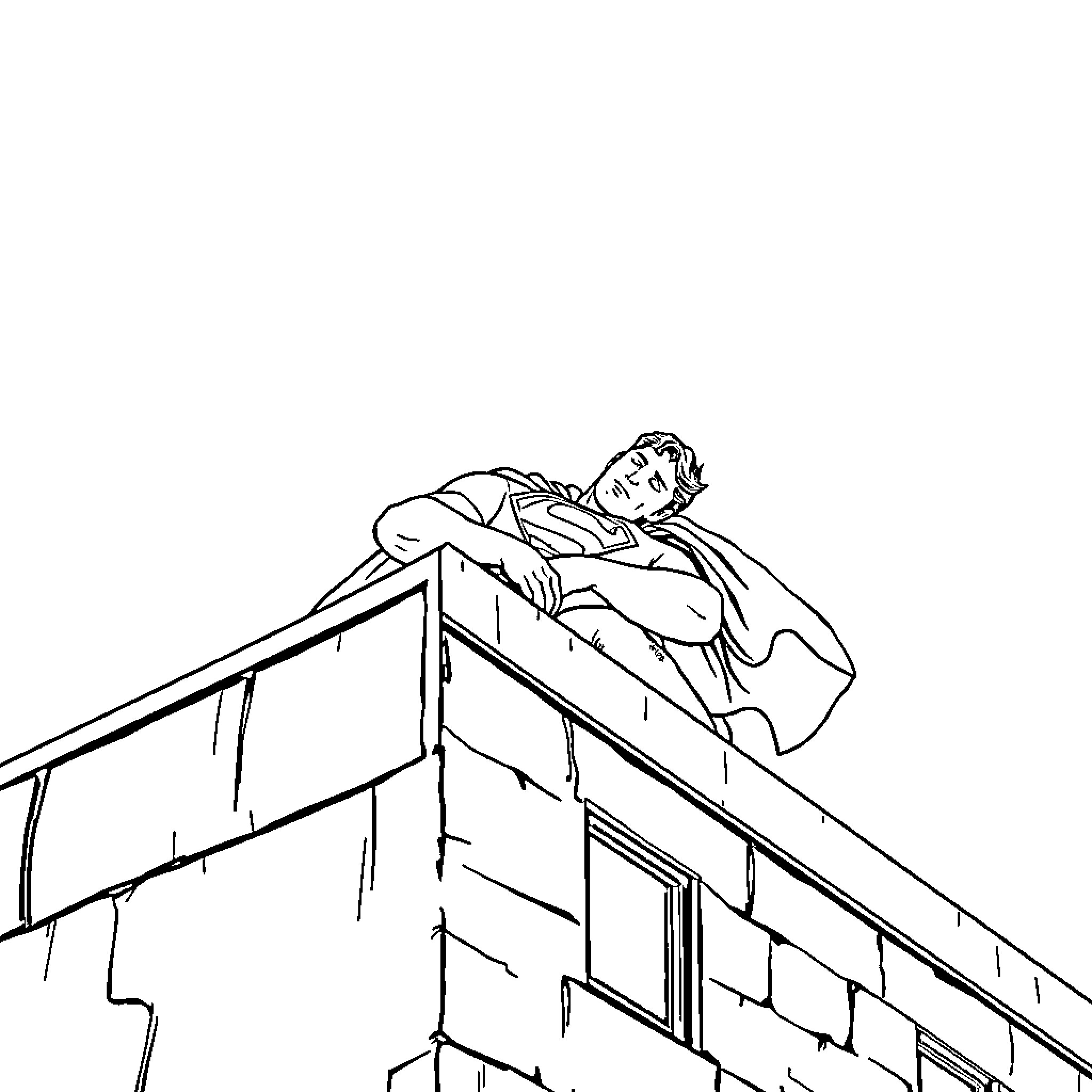 Superman heroically standing on a building Coloring Page (free black-and-white line drawing printable PDF for all, from beginners to advanced learners, including children, teens, adults, and seniors)