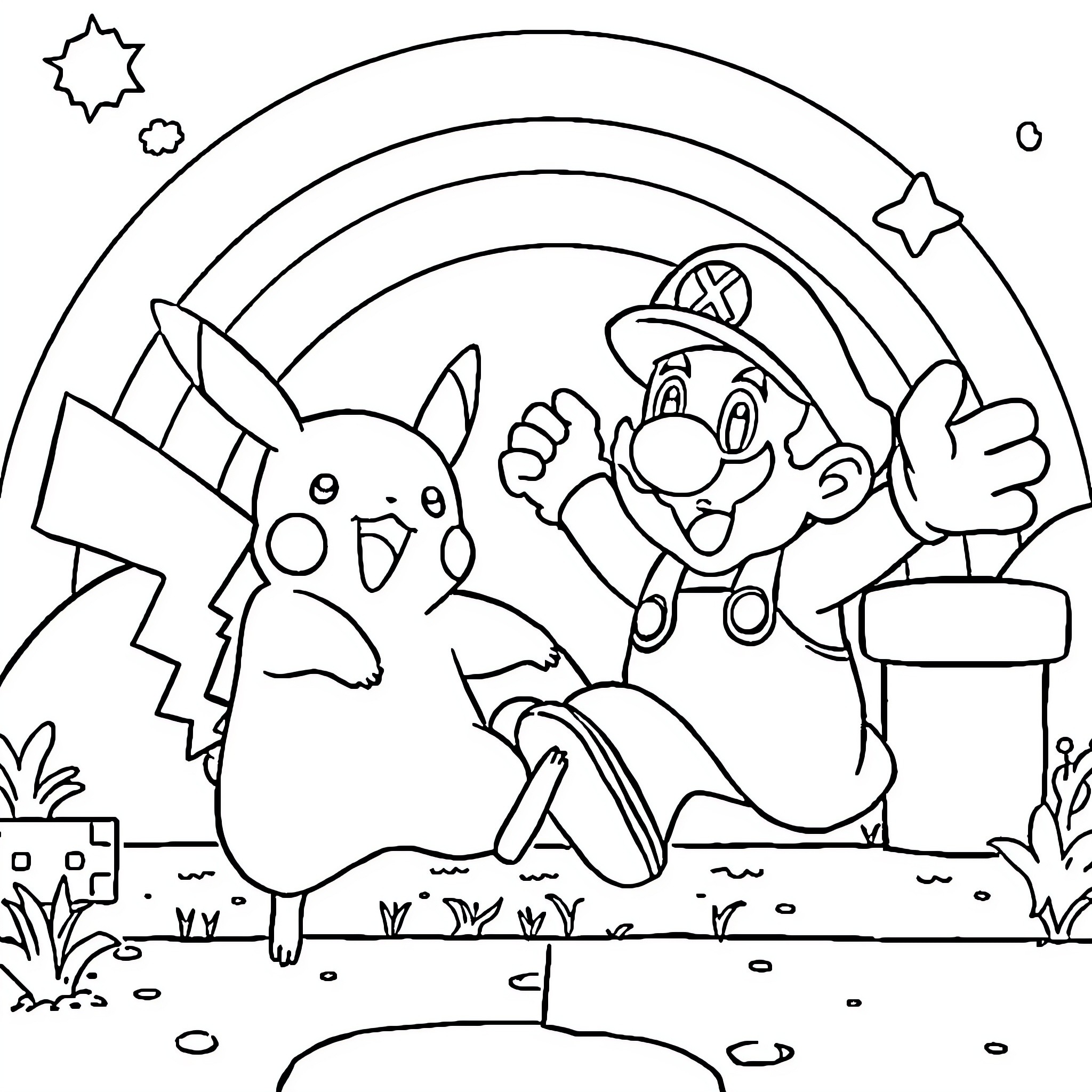 Pikachu and Mario's Adventure in the Outdoors Coloring Page (free black-and-white line drawing printable PDF for all, from beginners to advanced learners, including children, teens, adults, and seniors)