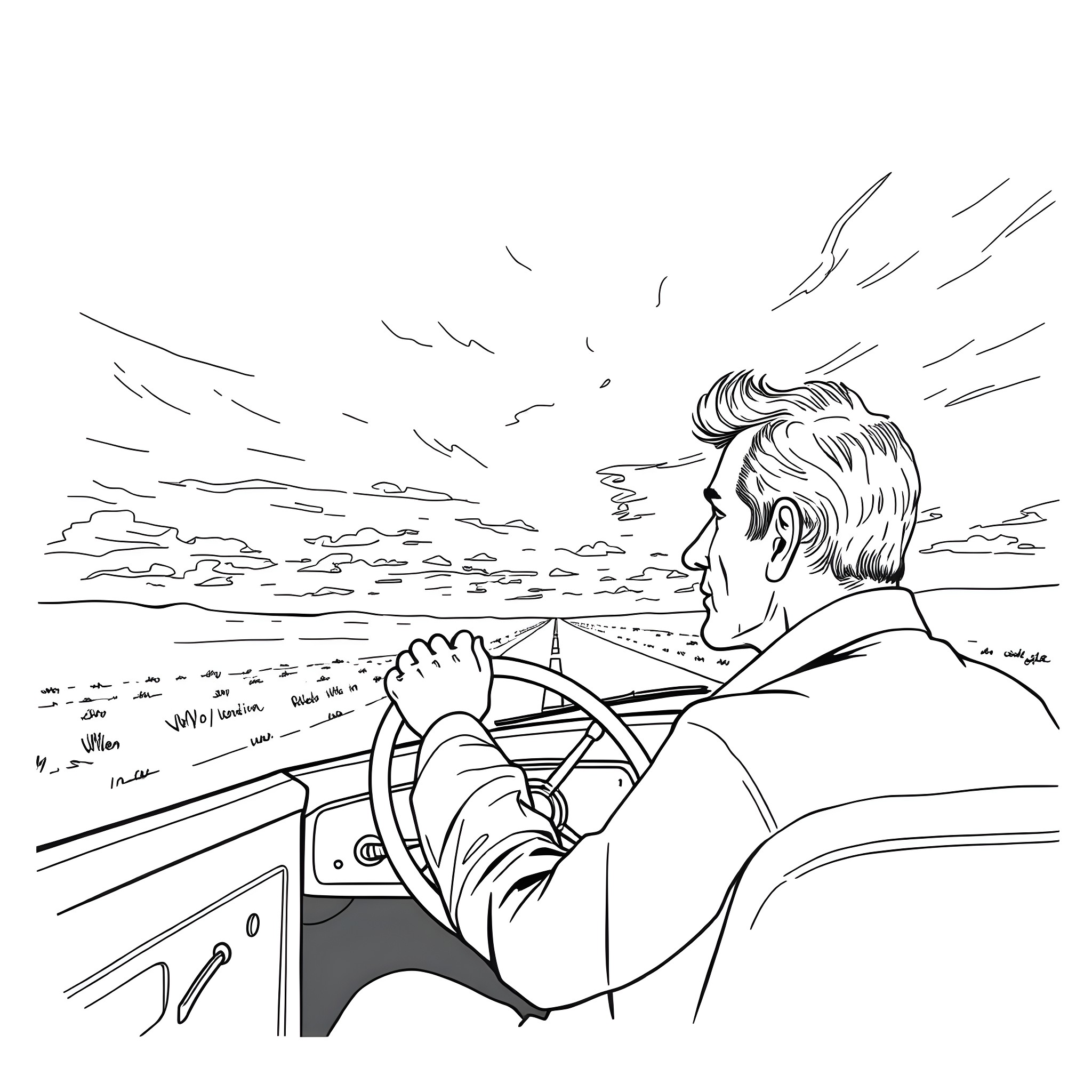 Jack Kerouac driving down the open road at sunset Coloring Page (free black-and-white line drawing printable PDF for all, from beginners to advanced learners, including children, teens, adults, and seniors)