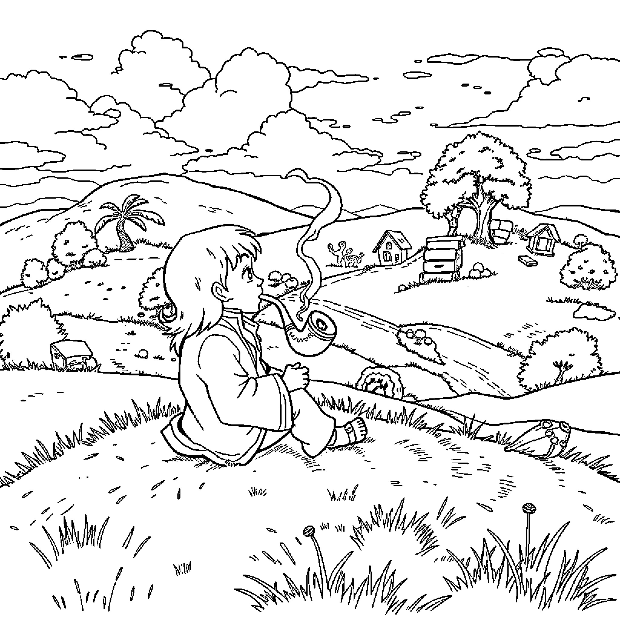 Hobbit relaxing in the peaceful countryside Coloring Page (free black-and-white line drawing printable PDF for all, from beginners to advanced learners, including children, teens, adults, and seniors)