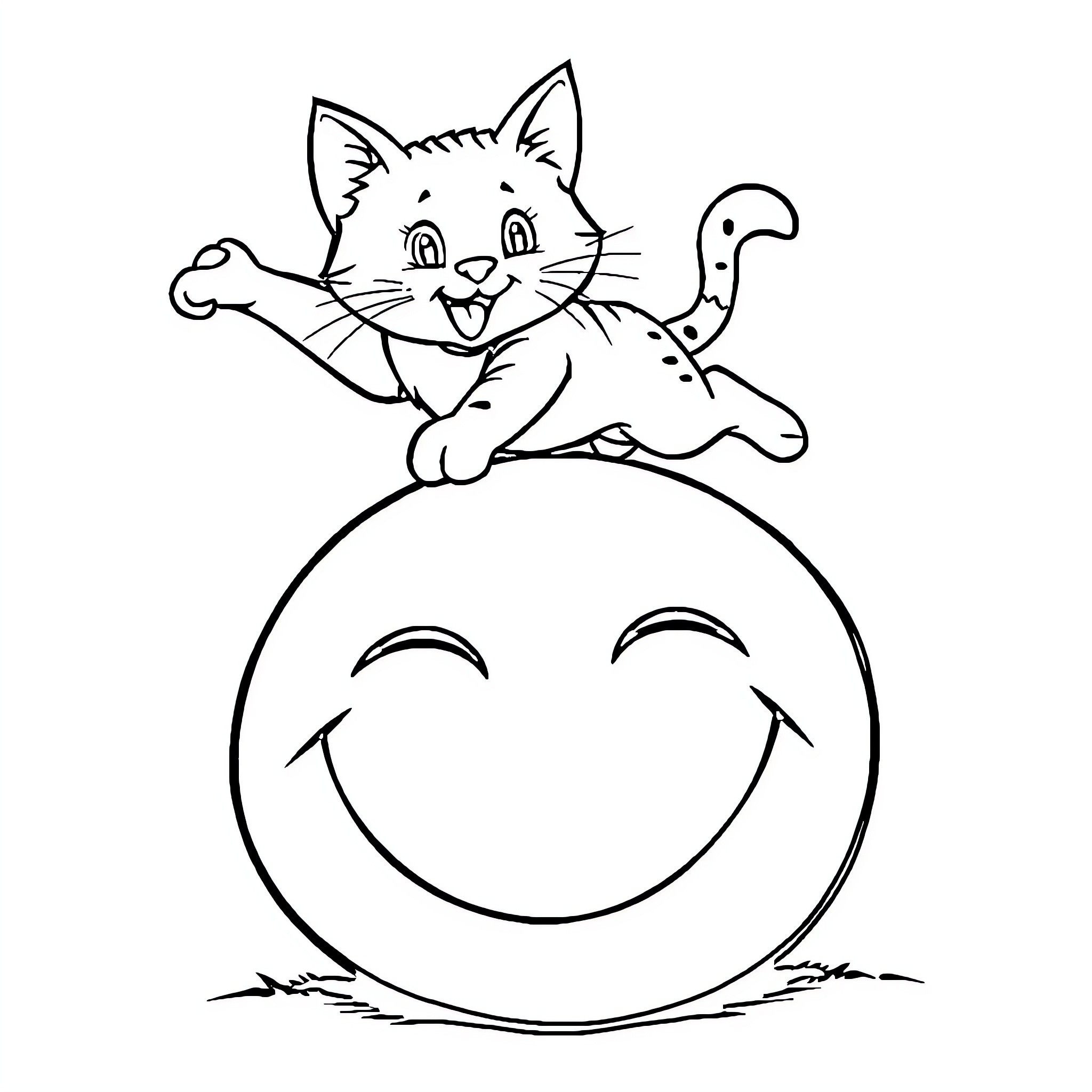 Cat sitting on a smiling face Coloring Page (free black-and-white line drawing printable PDF for all, from beginners to advanced learners, including children, teens, adults, and seniors)