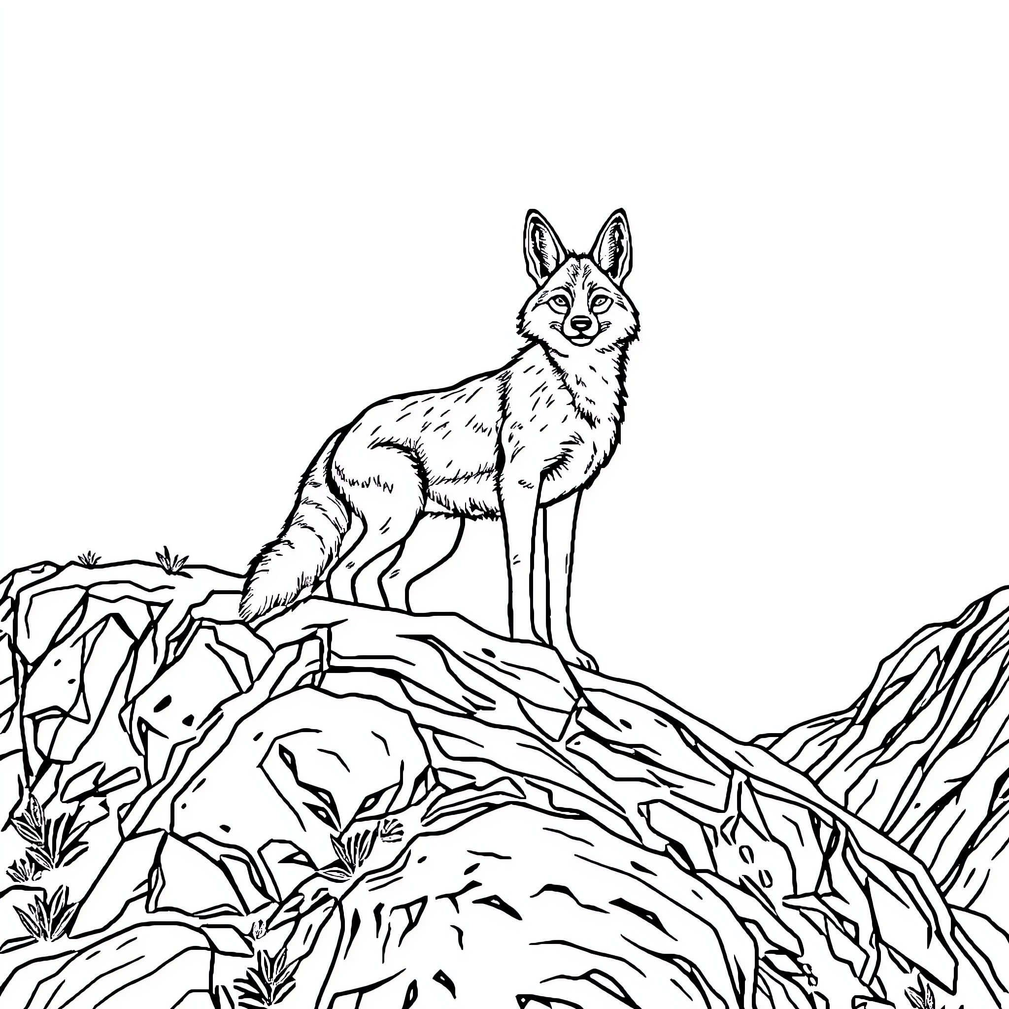 Coyote standing alert on rocky terrain Coloring Page (free black-and-white line drawing printable PDF for all, from beginners to advanced learners, including children, teens, adults, and seniors)