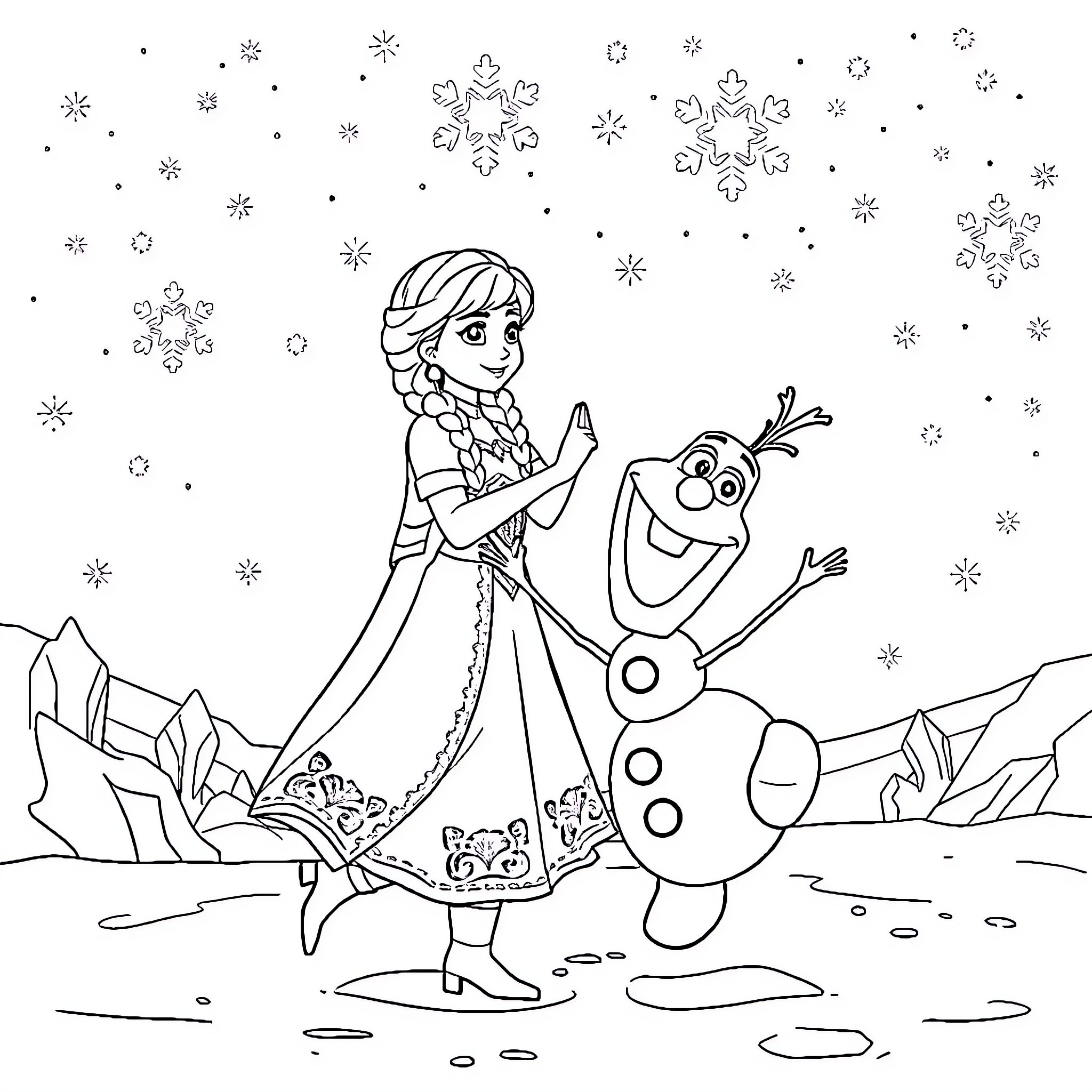 Anna's Snowy Adventure with Olaf Coloring Page (free black-and-white line drawing printable PDF for all, from beginners to advanced learners, including children, teens, adults, and seniors)