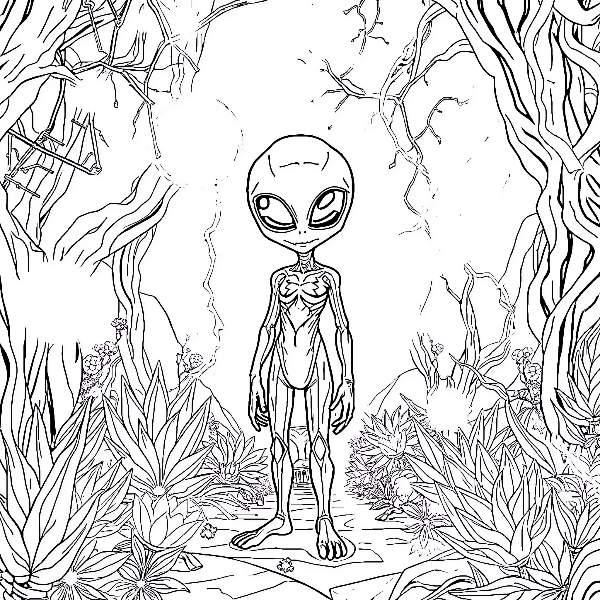 Alien exploring the mysterious forest Coloring Page (free black-and-white line drawing printable PDF for all, from beginners to advanced learners, including children, teens, adults, and seniors)