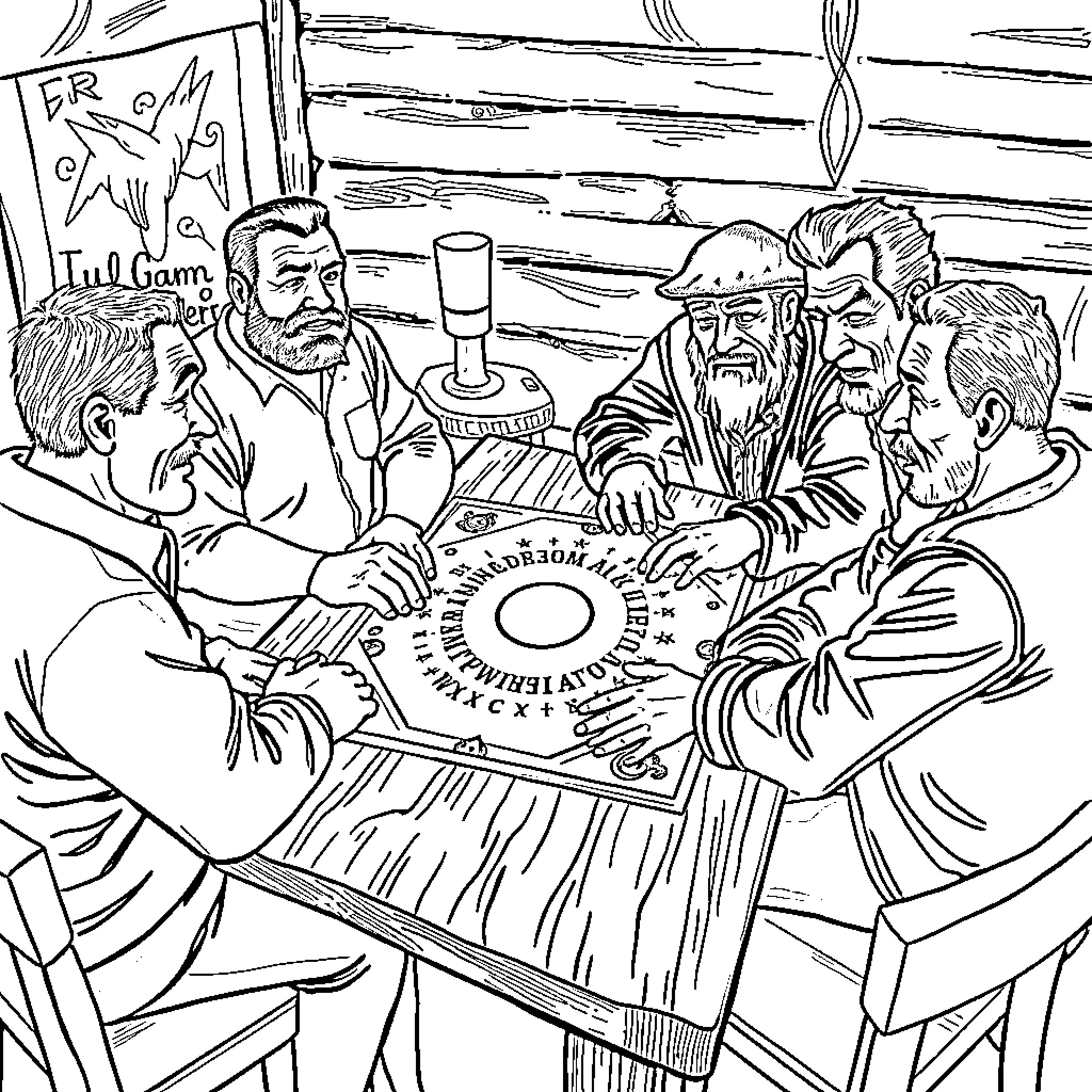 American Men Gathered at Tavern Playing Old-Fashioned Game Coloring Page (free black-and-white line drawing printable PDF for all, from beginners to advanced learners, including children, teens, adults, and seniors)