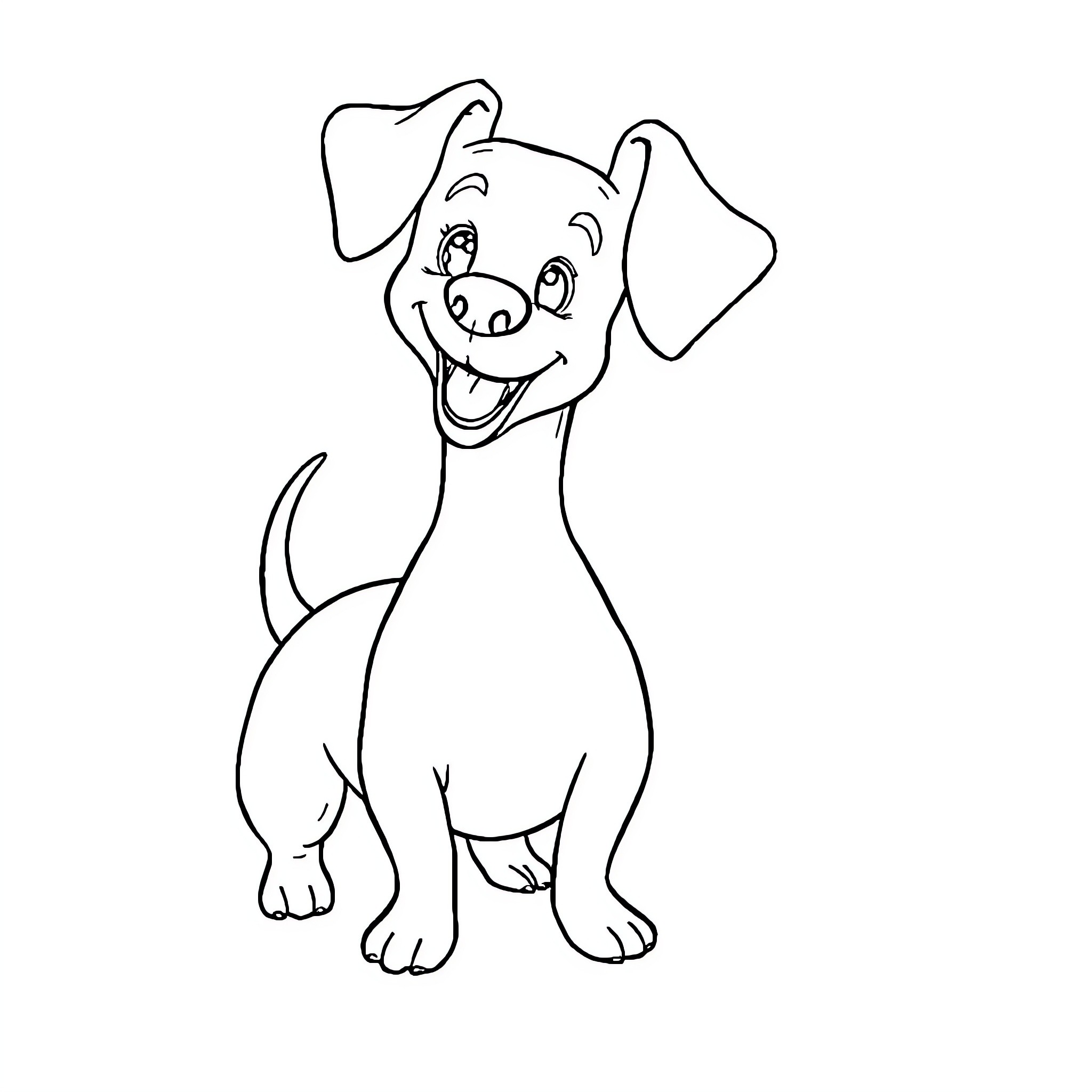 Sausage Dog smiling and wagging its tail Coloring Page (free black-and-white line drawing printable PDF for all, from beginners to advanced learners, including children, teens, adults, and seniors)