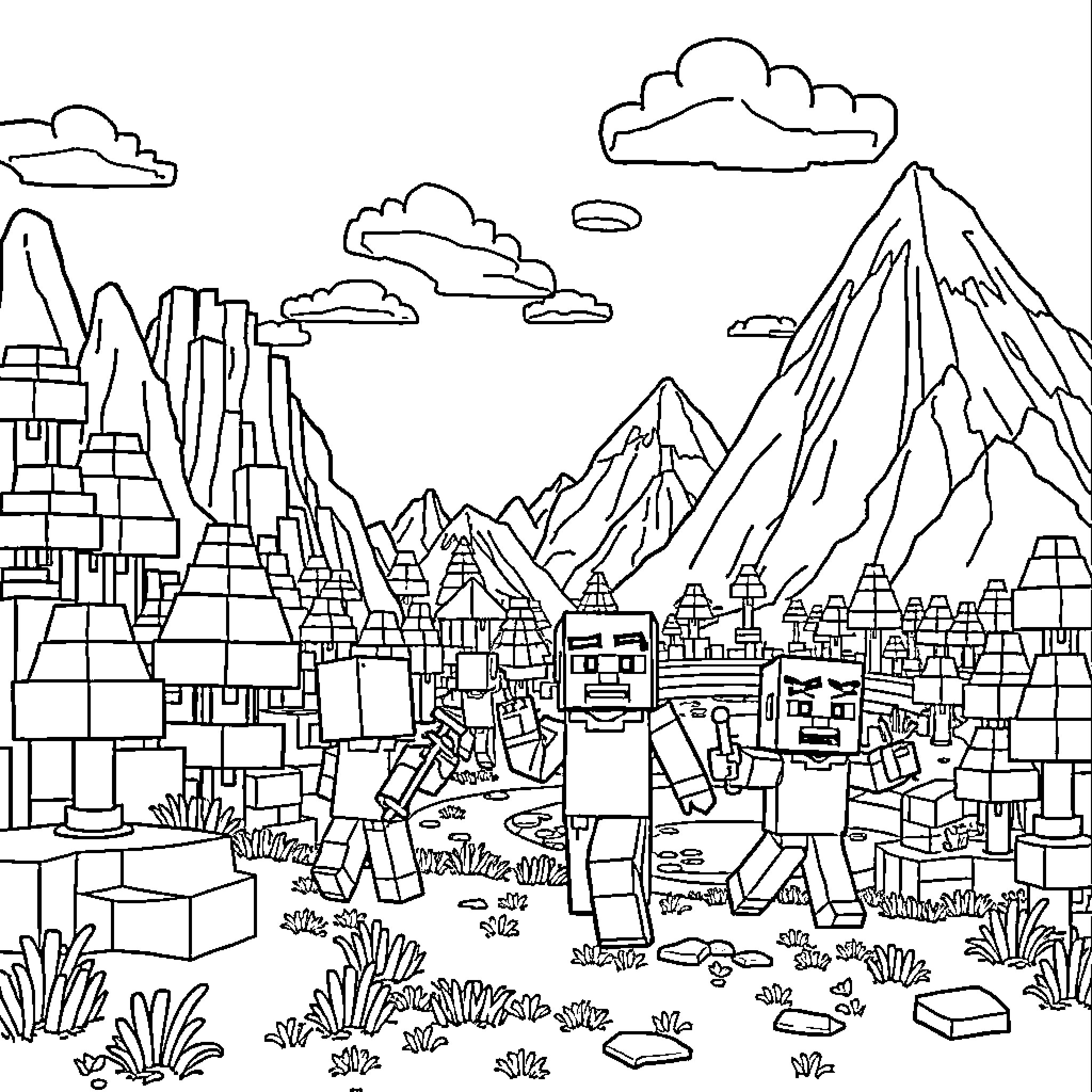 Minecraft Character exploring a blocky landscape Coloring Page (free black-and-white line drawing printable PDF for all, from beginners to advanced learners, including children, teens, adults, and seniors)
