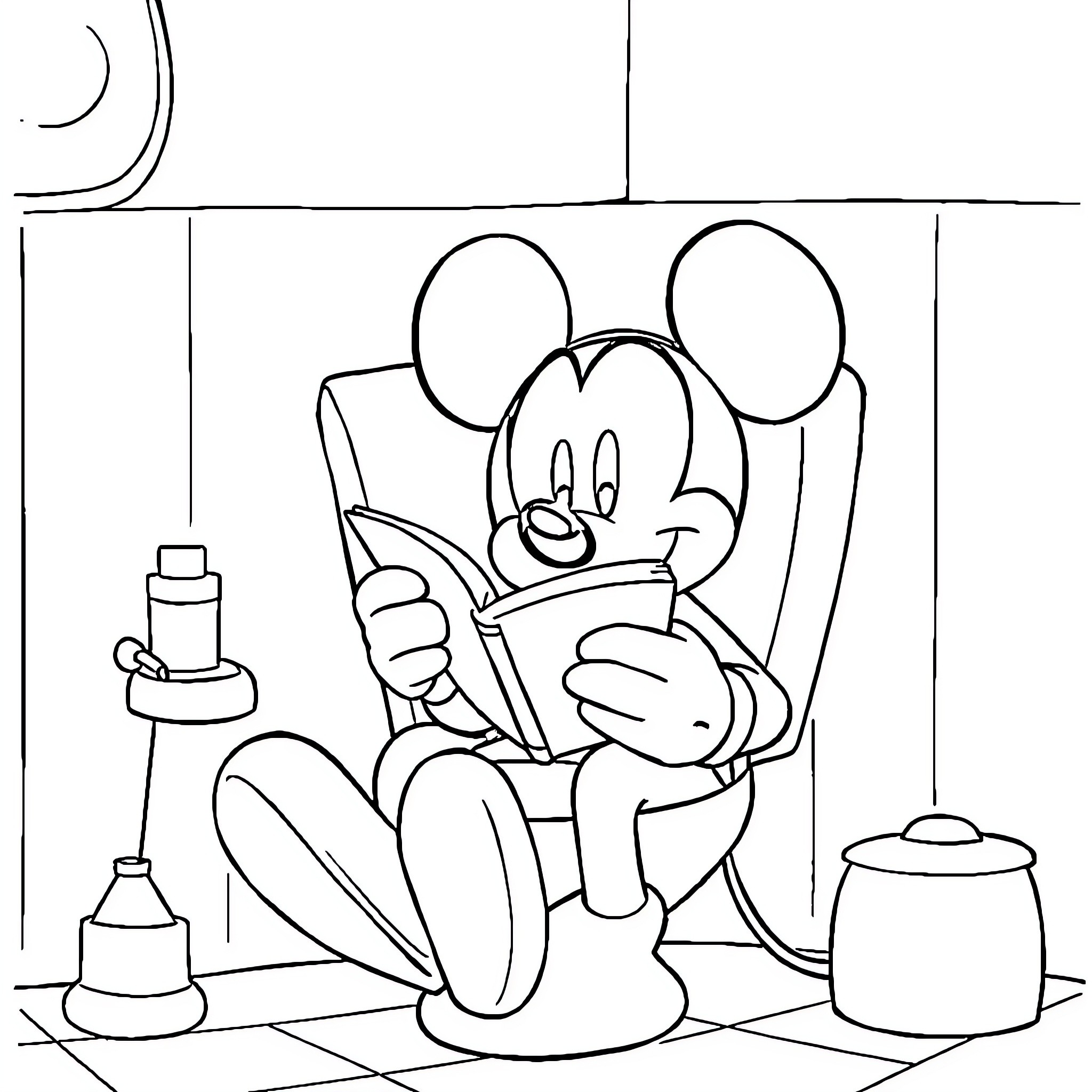 Mickey Mouse reading a book at night Coloring Page (free black-and-white line drawing printable PDF for all, from beginners to advanced learners, including children, teens, adults, and seniors)