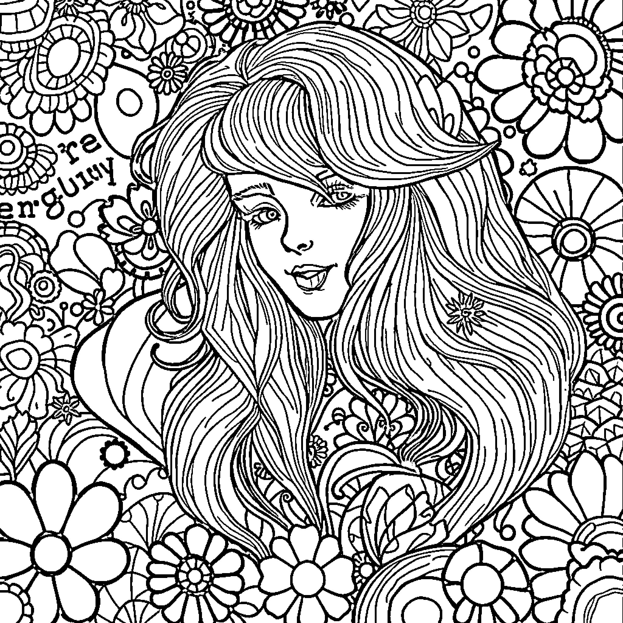 Charly's Floral Fantasy Coloring Page (free black-and-white line drawing printable PDF for all, from beginners to advanced learners, including children, teens, adults, and seniors)