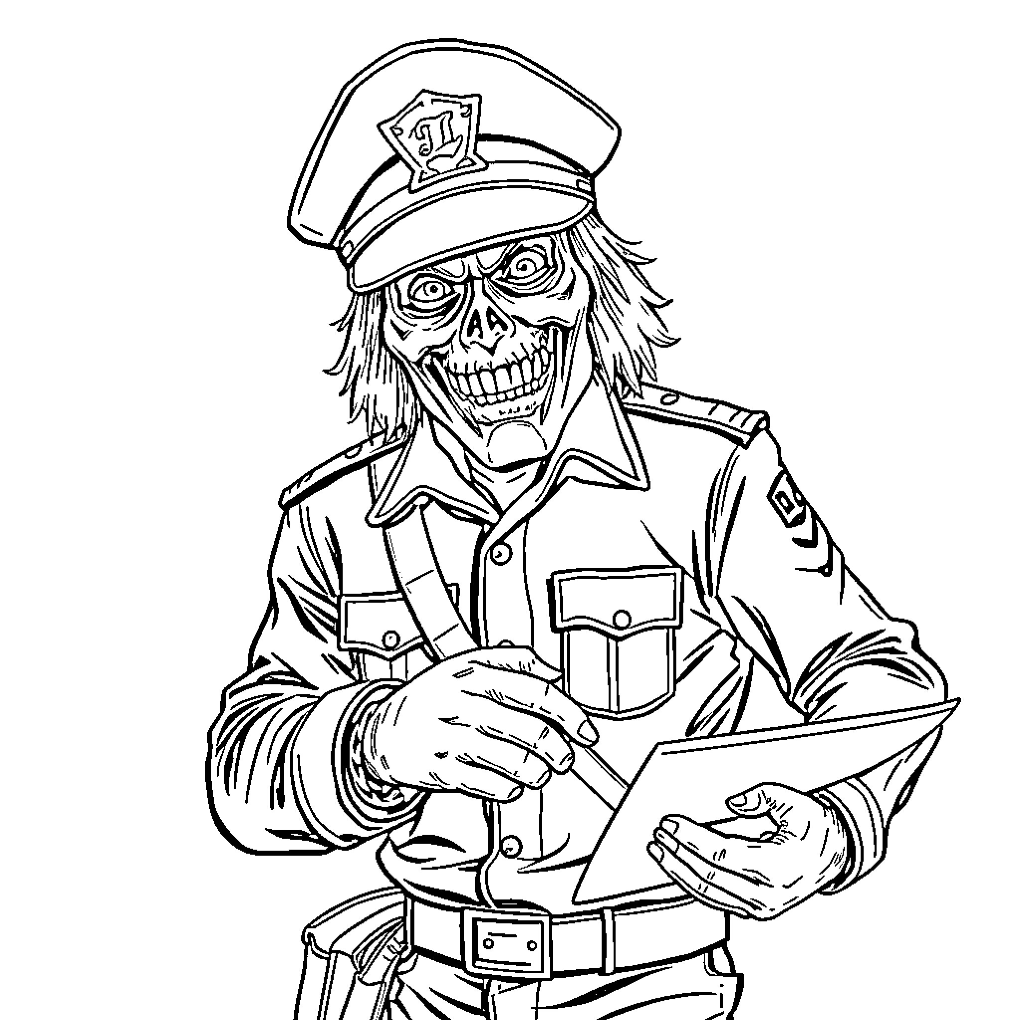 Eddie's Creepy Police Officer Sketch Coloring Page (free black-and-white line drawing printable PDF for all, from beginners to advanced learners, including children, teens, adults, and seniors)