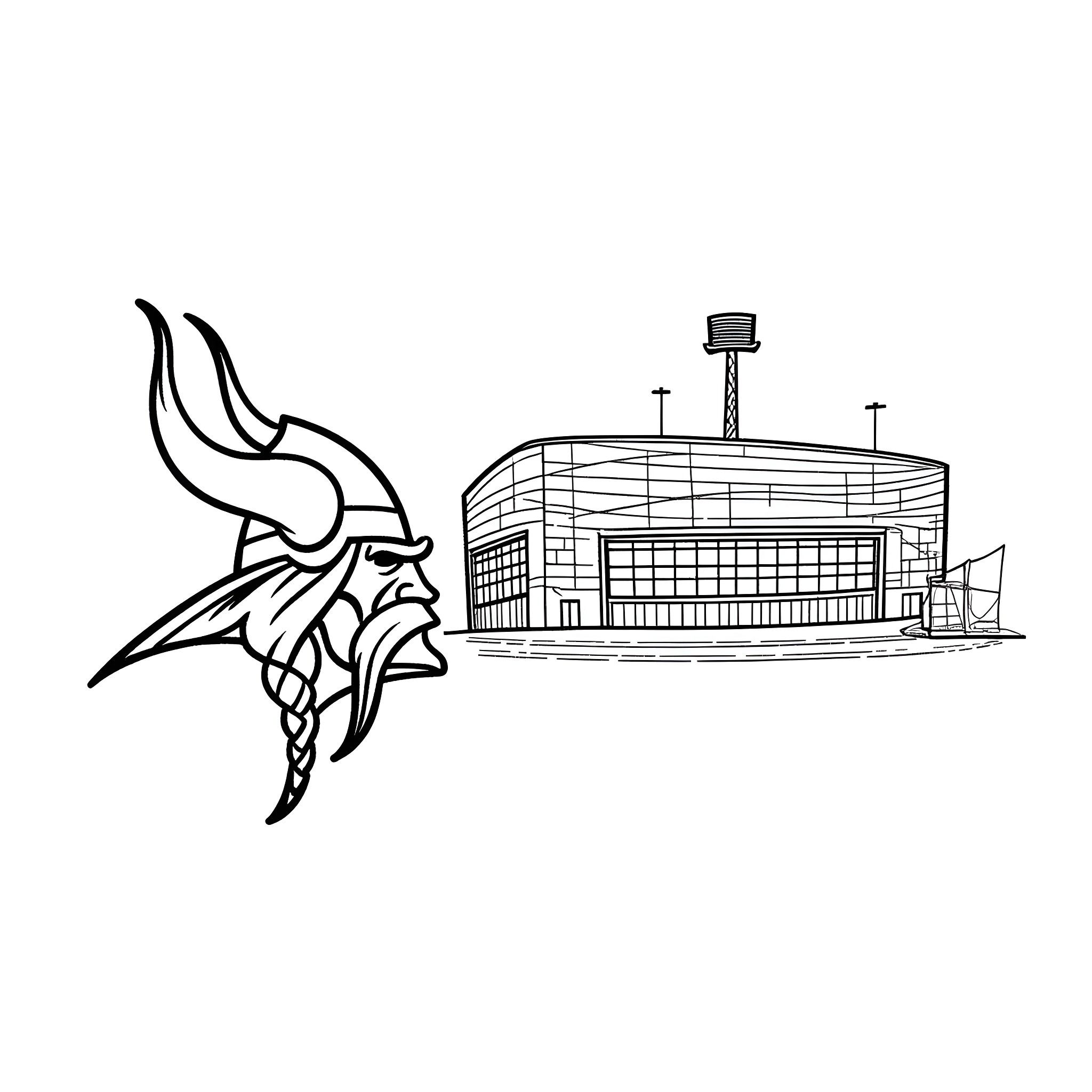 Vikings in modern stadium Coloring Page (free black-and-white line drawing printable PDF for all, from beginners to advanced learners, including children, teens, adults, and seniors)
