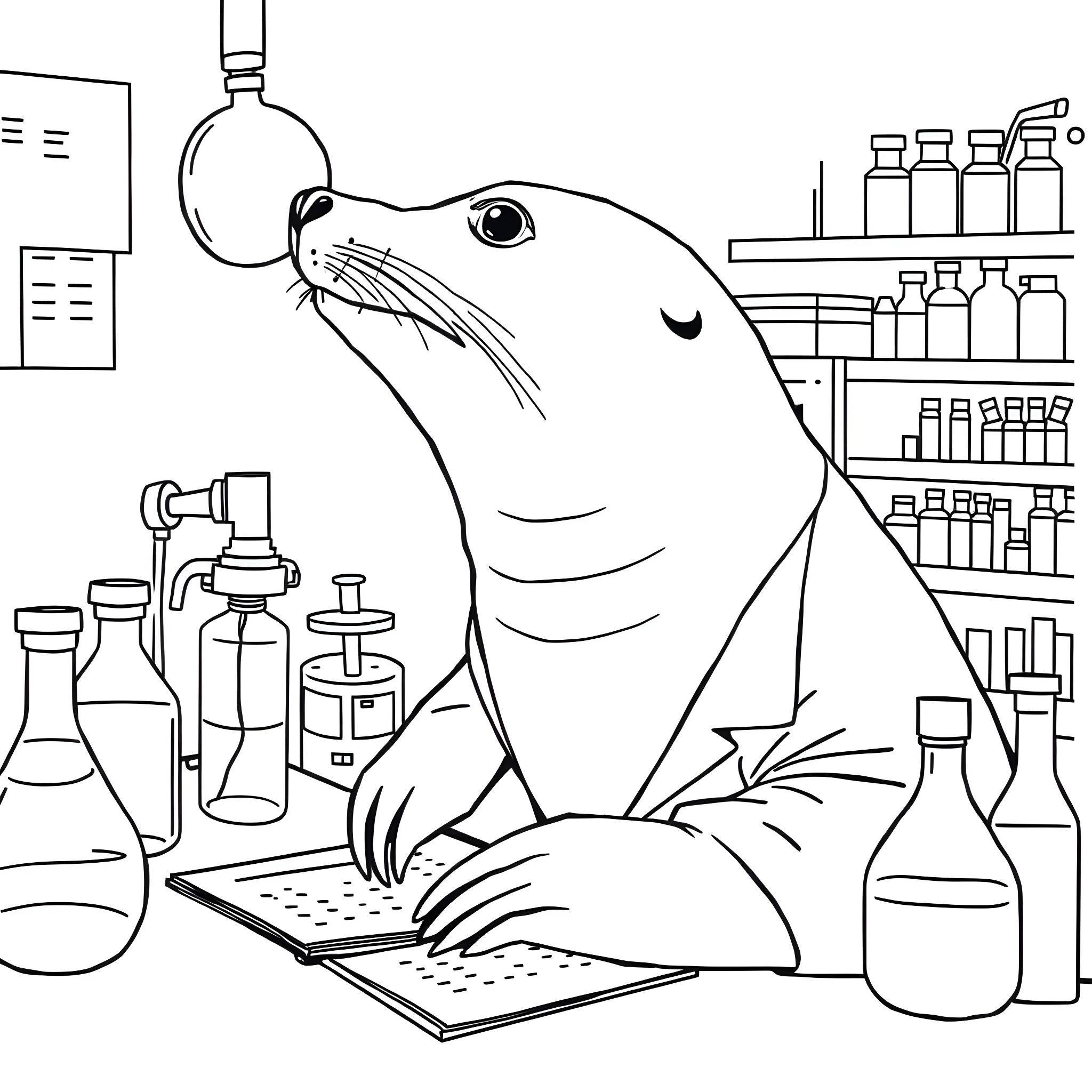 Seal Conducting Science Experiments in a Laboratory Coloring Page (free black-and-white line drawing printable PDF for all, from beginners to advanced learners, including children, teens, adults, and seniors)