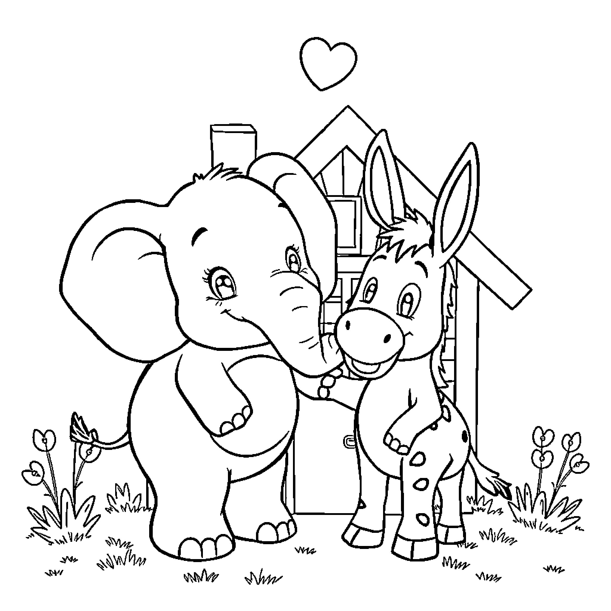 Elephant and Donkey Playing Together Happily Coloring Page (free black-and-white line drawing printable PDF for all, from beginners to advanced learners, including children, teens, adults, and seniors)