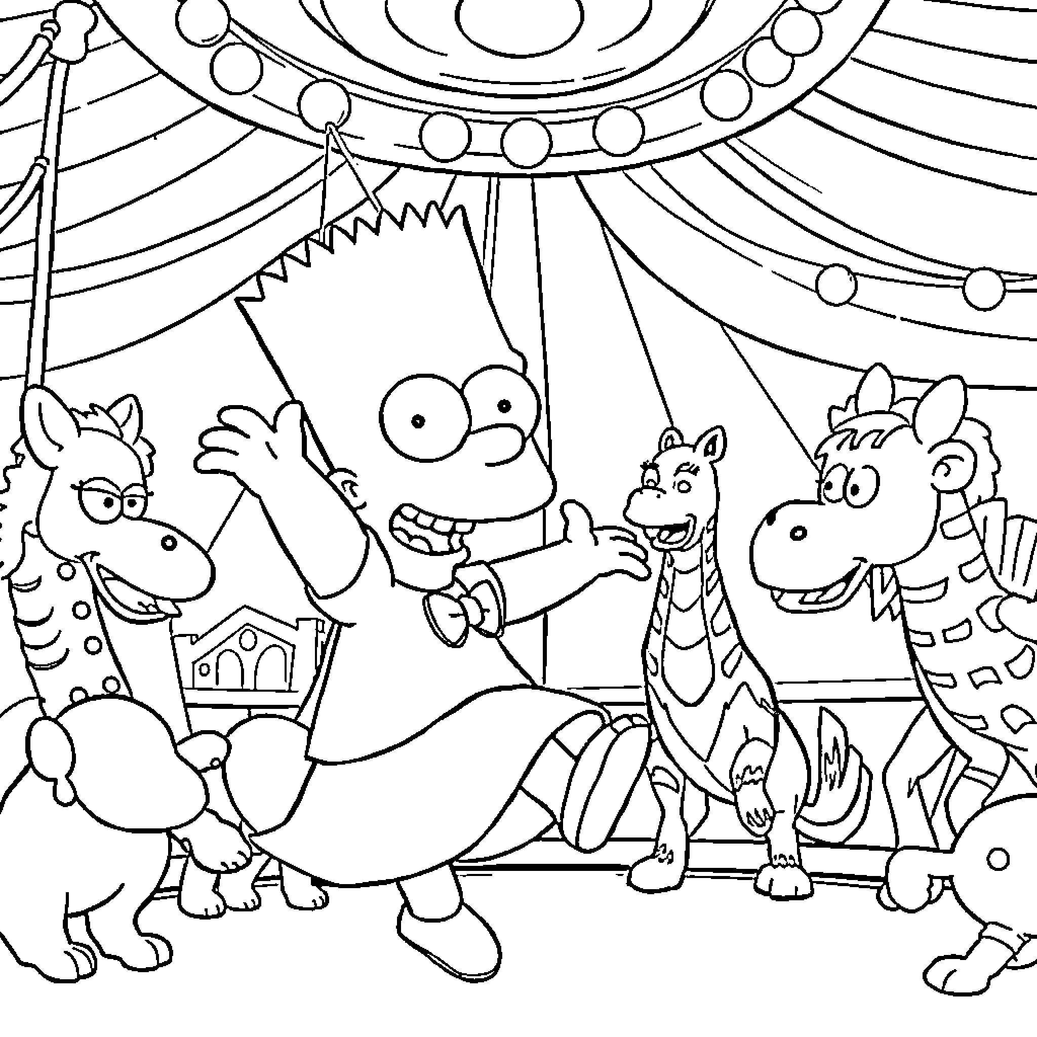 Bart Simpson at the Circus with Cartoon Animals Coloring Page (free black-and-white line drawing printable PDF for all, from beginners to advanced learners, including children, teens, adults, and seniors)