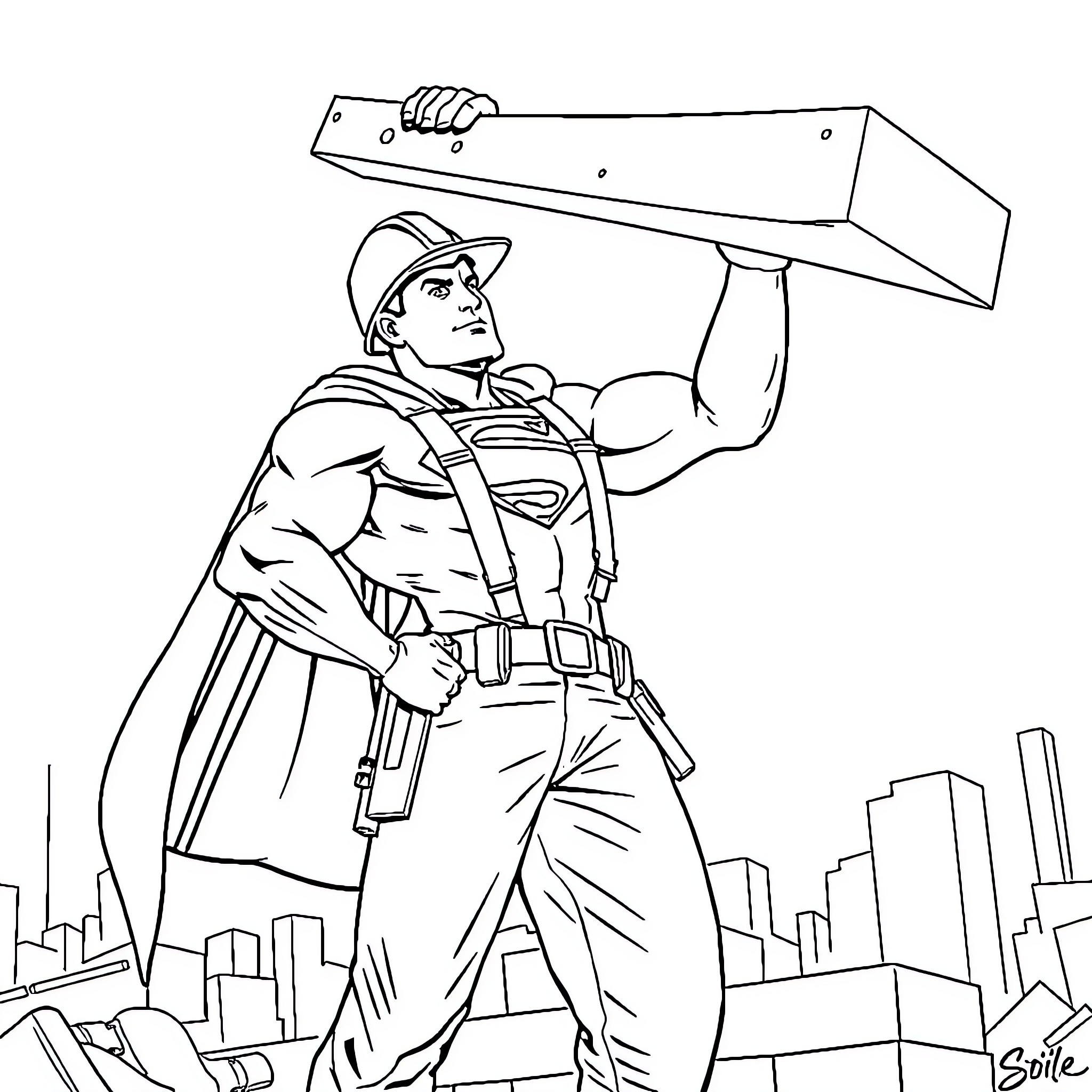 Superman wielding a large tool in the city Coloring Page (free black-and-white line drawing printable PDF for all, from beginners to advanced learners, including children, teens, adults, and seniors)