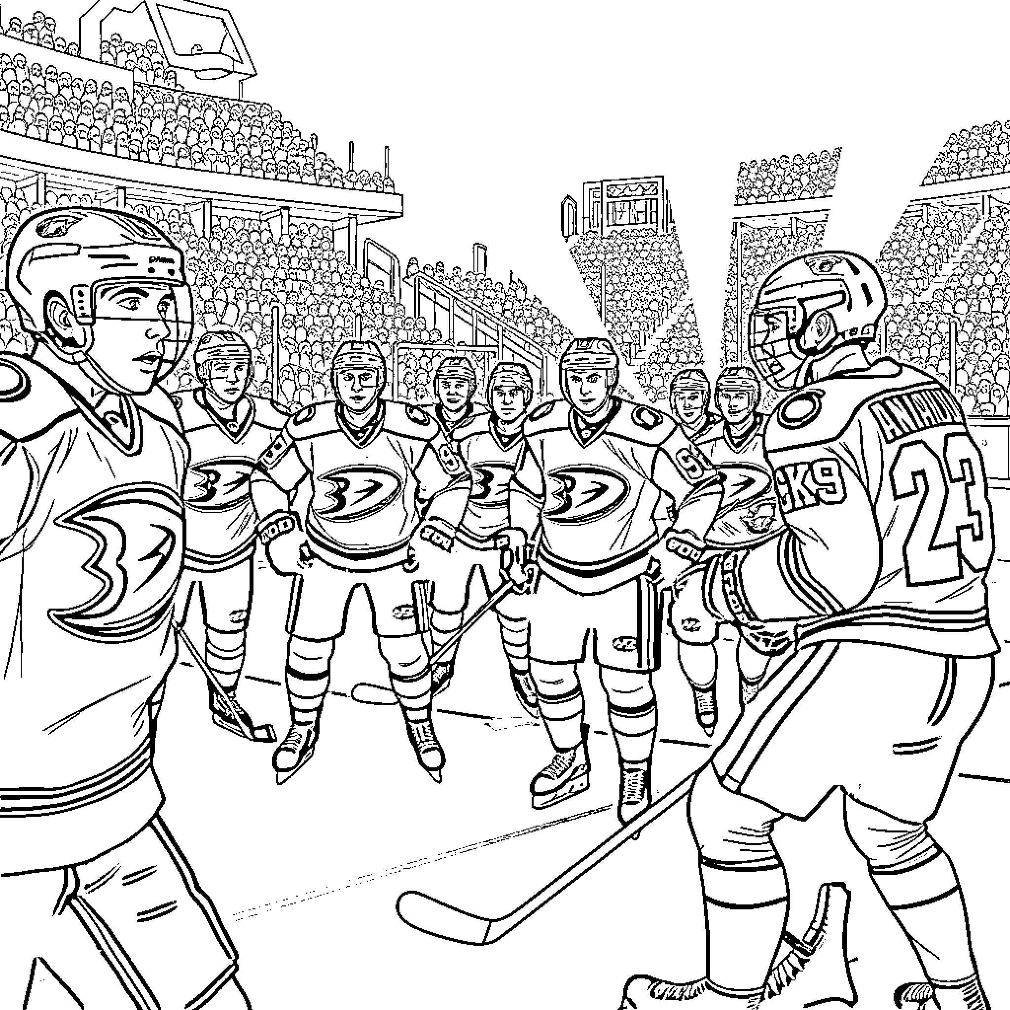 Ducks playing hockey in a snowy winter stadium Coloring Page (free black-and-white line drawing printable PDF for all, from beginners to advanced learners, including children, teens, adults, and seniors)