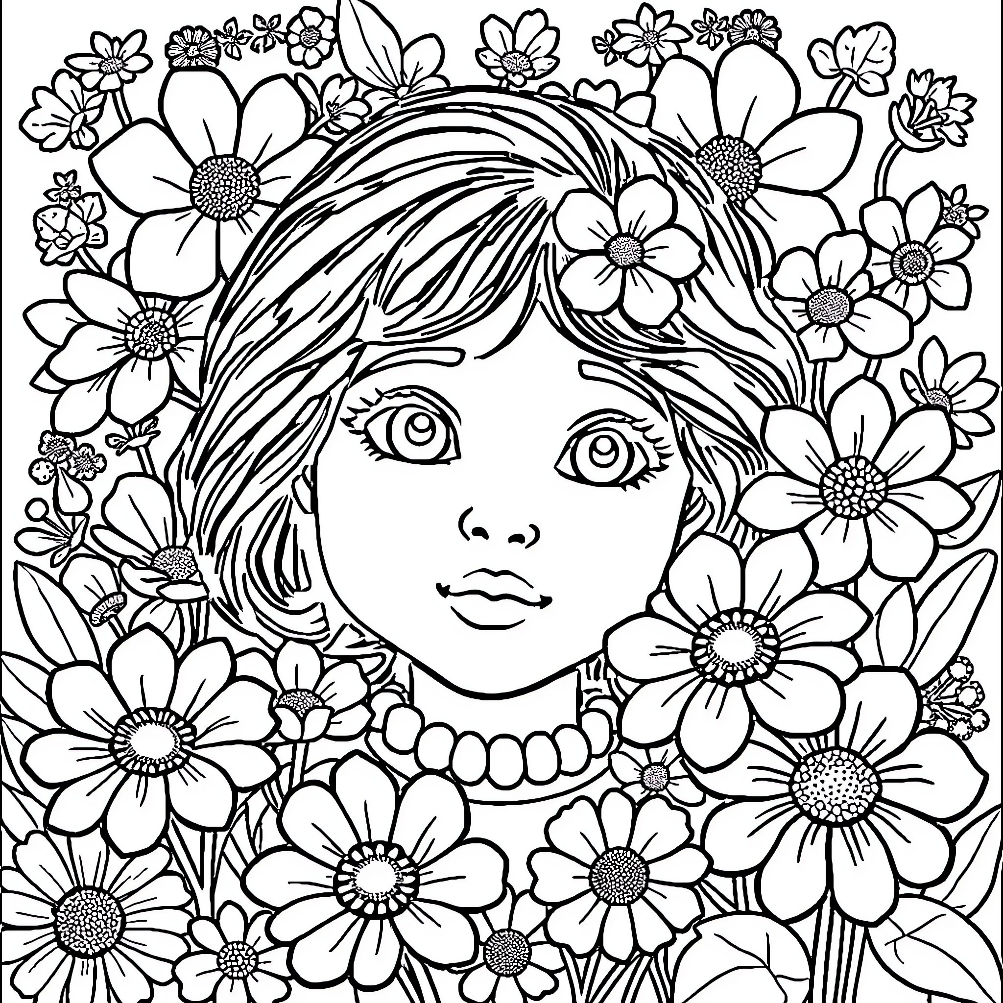 Rose Surrounded by Blooming Flowers Coloring Page (free black-and-white line drawing printable PDF for all, from beginners to advanced learners, including children, teens, adults, and seniors)