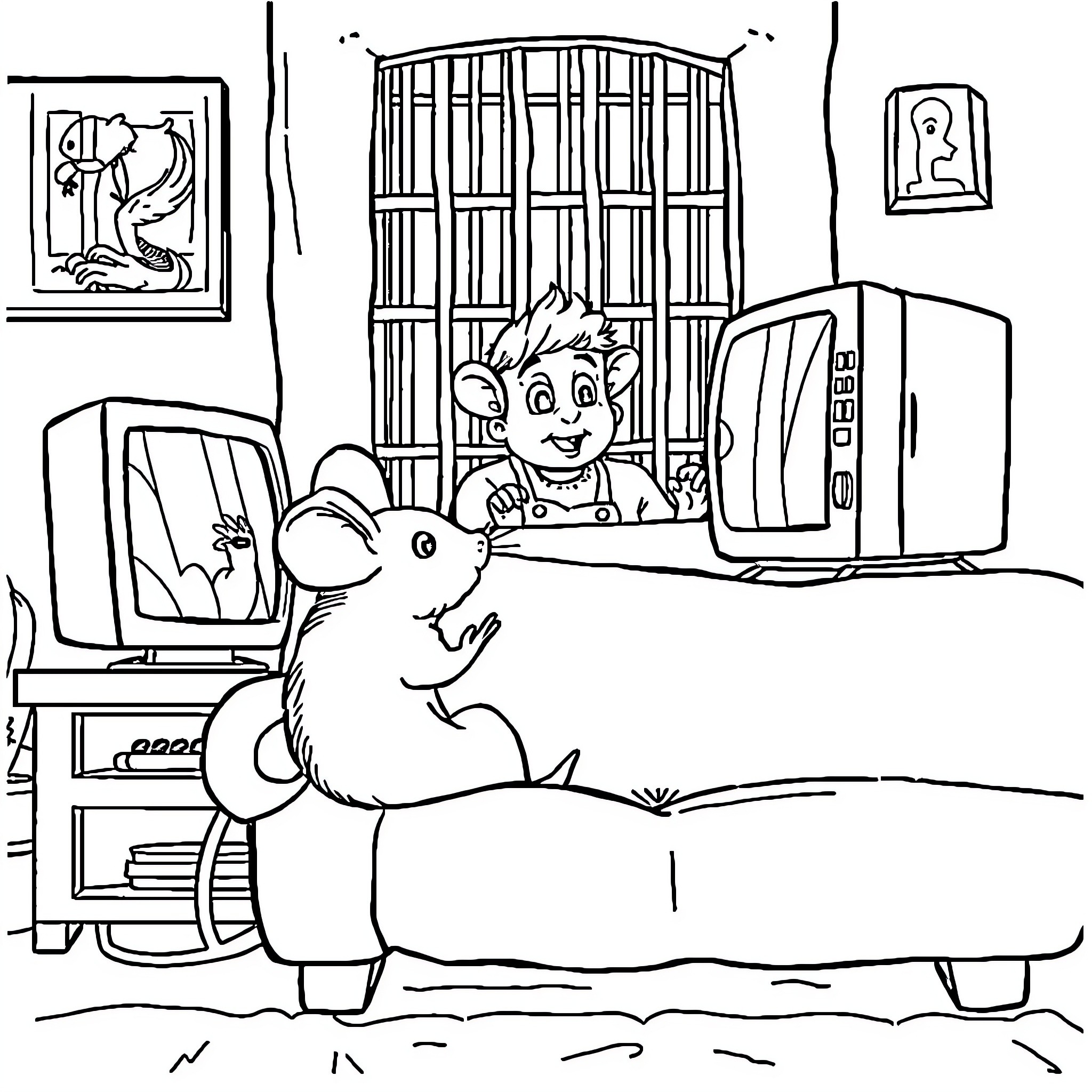 Mouse exploring a cozy home with electronics Coloring Page (free black-and-white line drawing printable PDF for all, from beginners to advanced learners, including children, teens, adults, and seniors)