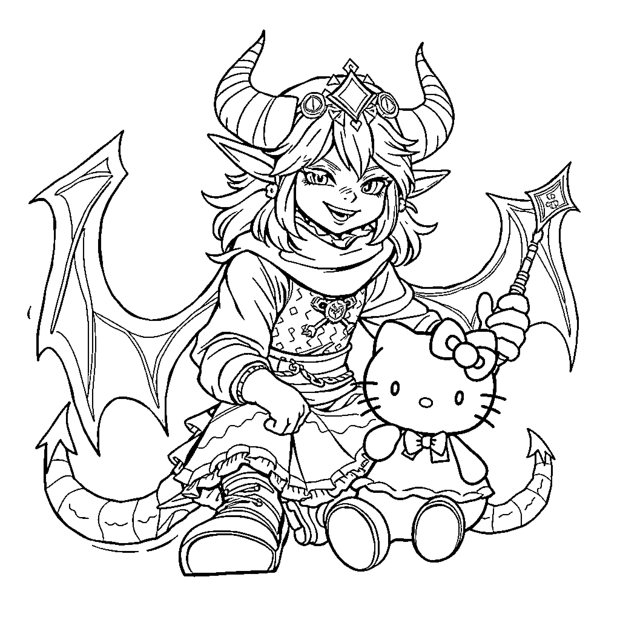 Demon Slayer Girl with Horns and Plush Toy Coloring Page (free black-and-white line drawing printable PDF for all, from beginners to advanced learners, including children, teens, adults, and seniors)