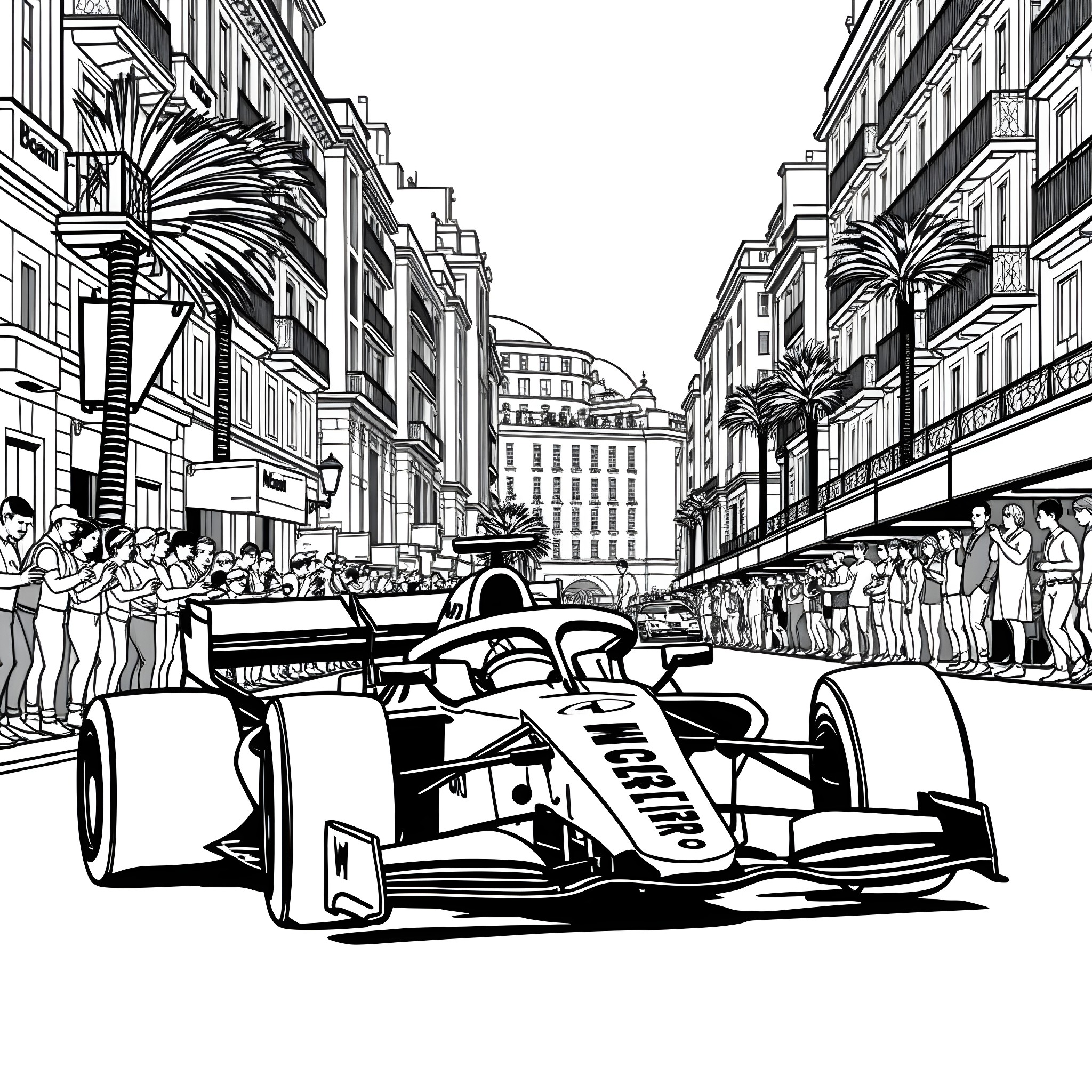 Lando Norris driving on the busy city street Coloring Page (free black-and-white line drawing printable PDF for all, from beginners to advanced learners, including children, teens, adults, and seniors)