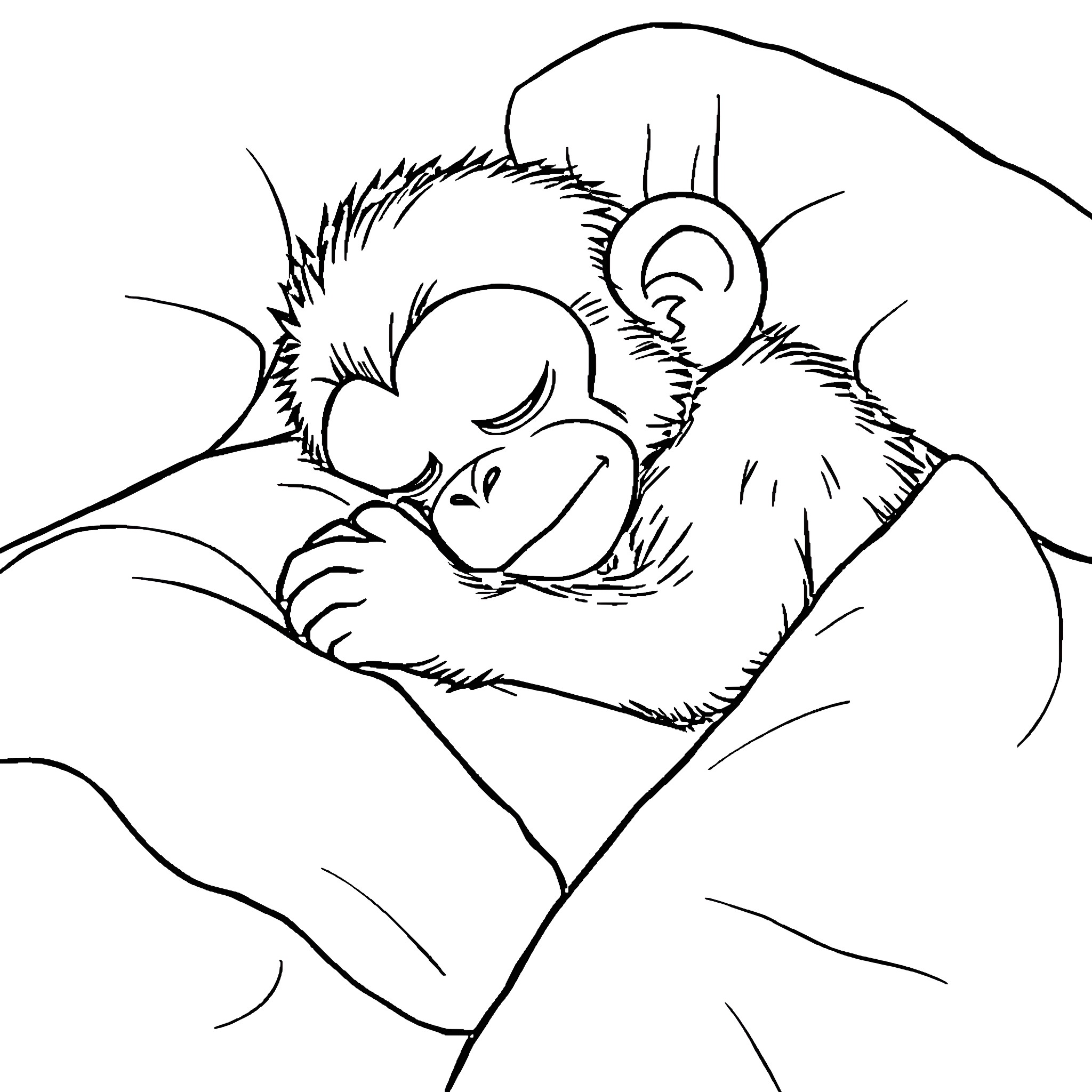 Monkey sleeping peacefully in the night Coloring Page (free black-and-white line drawing printable PDF for all, from beginners to advanced learners, including children, teens, adults, and seniors)