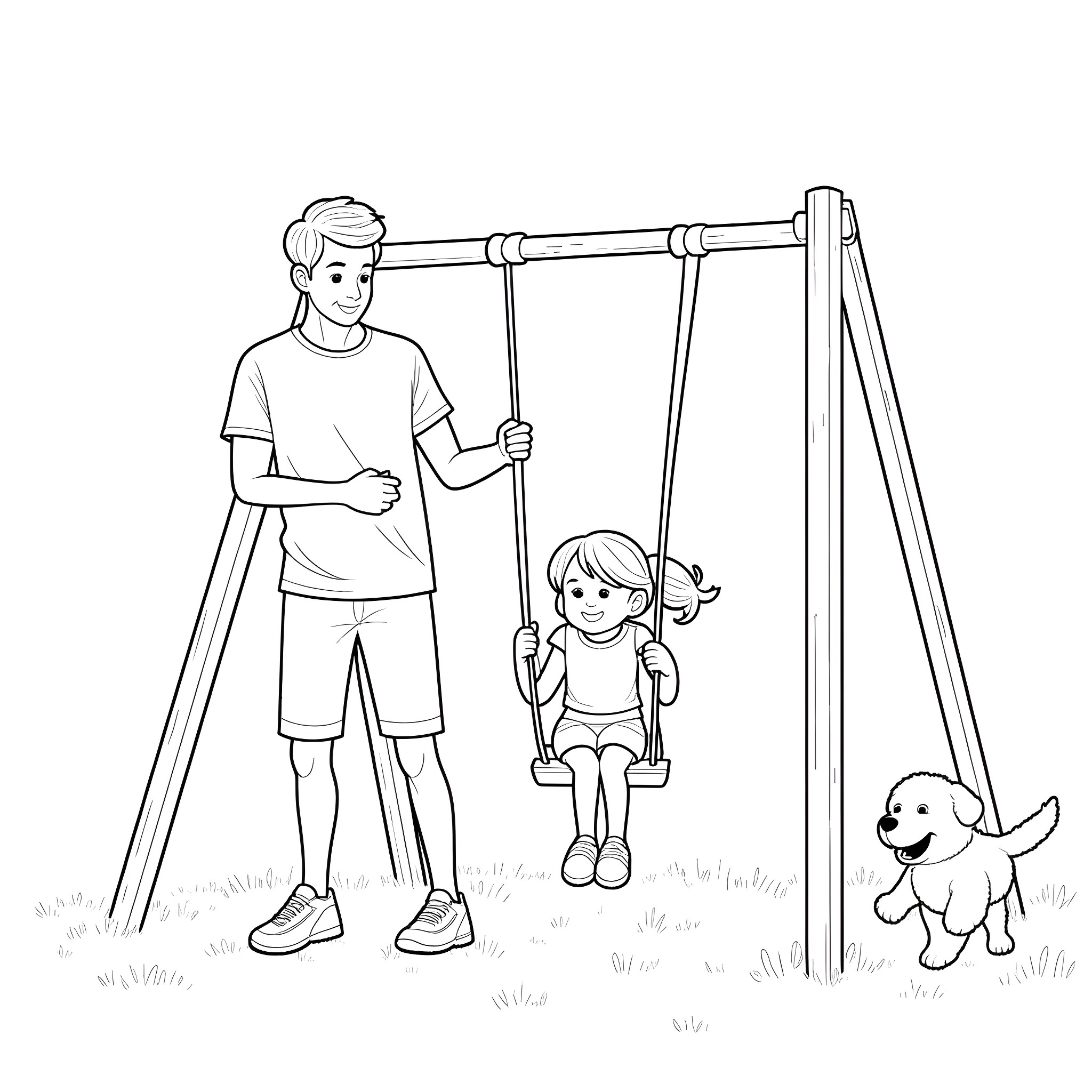 Swing time with dad and child Coloring Page (free black-and-white line drawing printable PDF for all, from beginners to advanced learners, including children, teens, adults, and seniors)