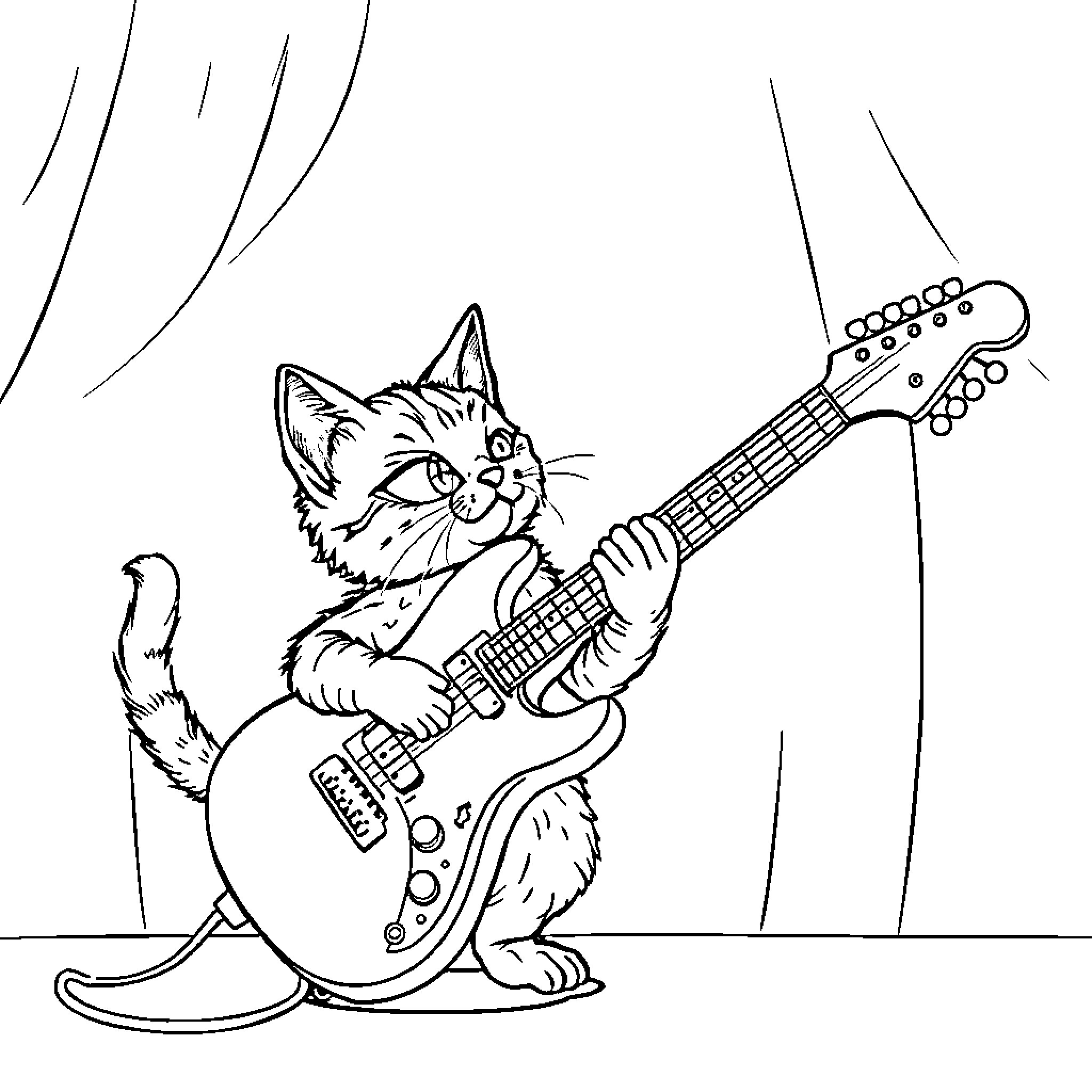 Cat playing electric guitar on stage Coloring Page (free black-and-white line drawing printable PDF for all, from beginners to advanced learners, including children, teens, adults, and seniors)