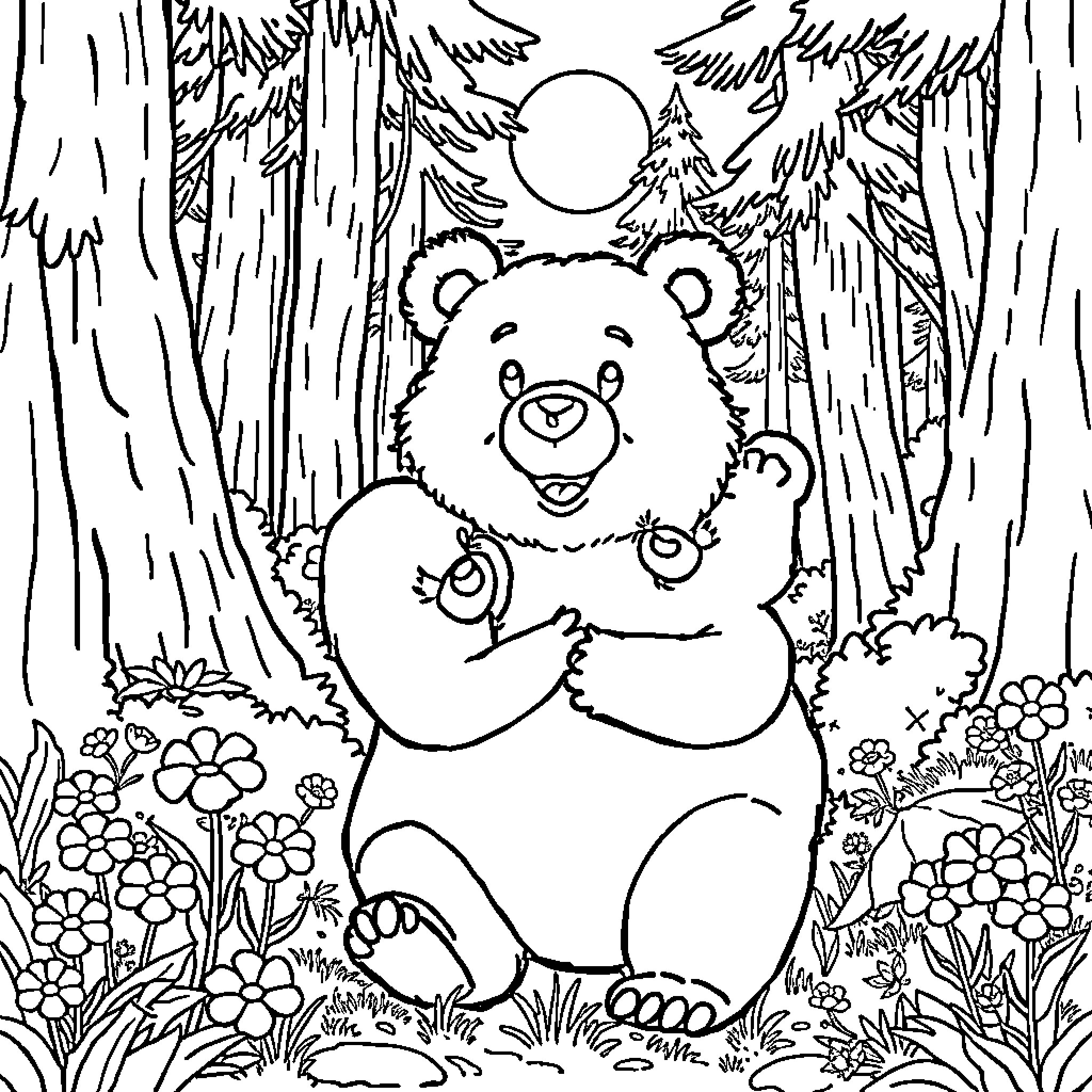 Bear playing happily in the forest Coloring Page (free black-and-white line drawing printable PDF for all, from beginners to advanced learners, including children, teens, adults, and seniors)