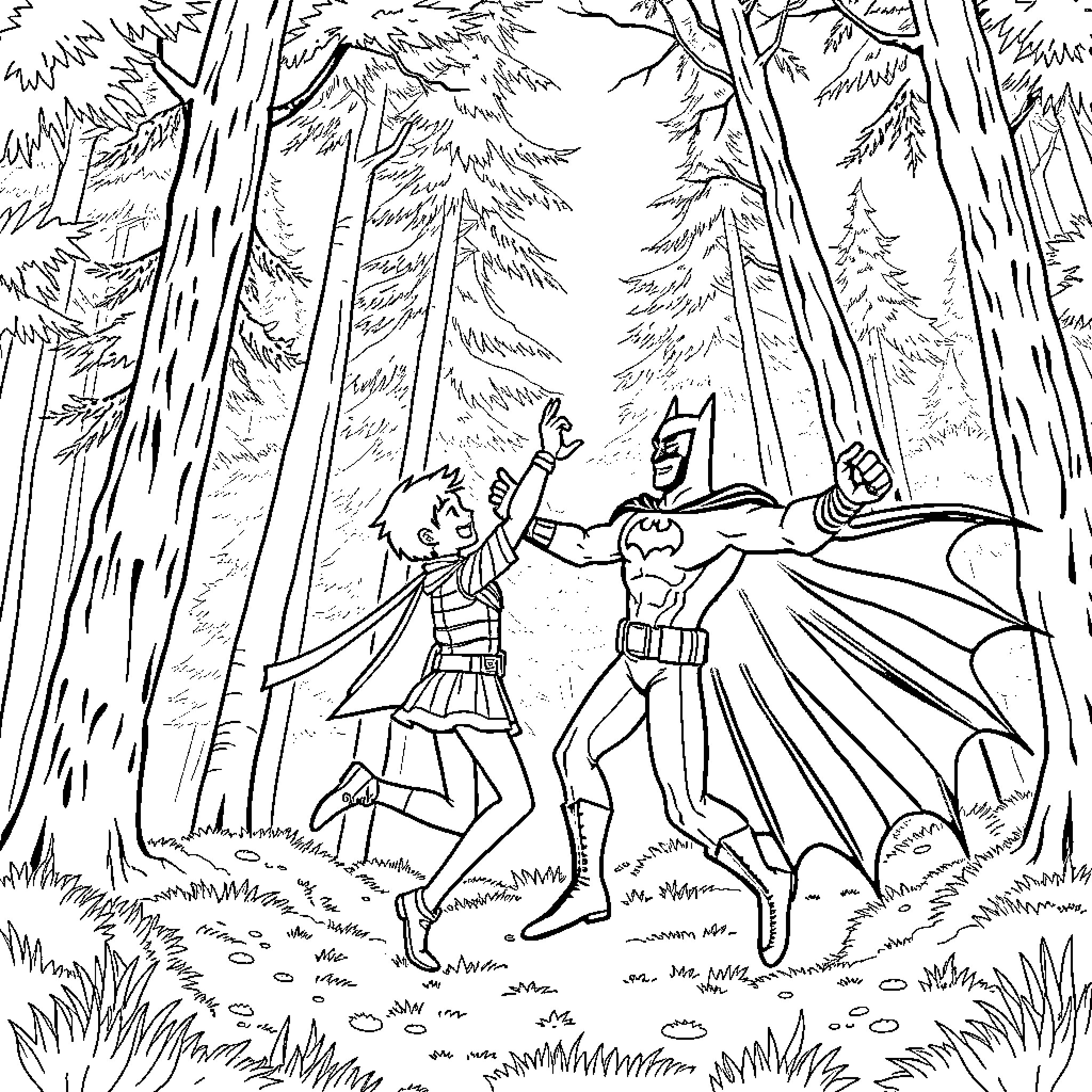Batman and Robin Battling in the Forest Coloring Page (free black-and-white line drawing printable PDF for all, from beginners to advanced learners, including children, teens, adults, and seniors)
